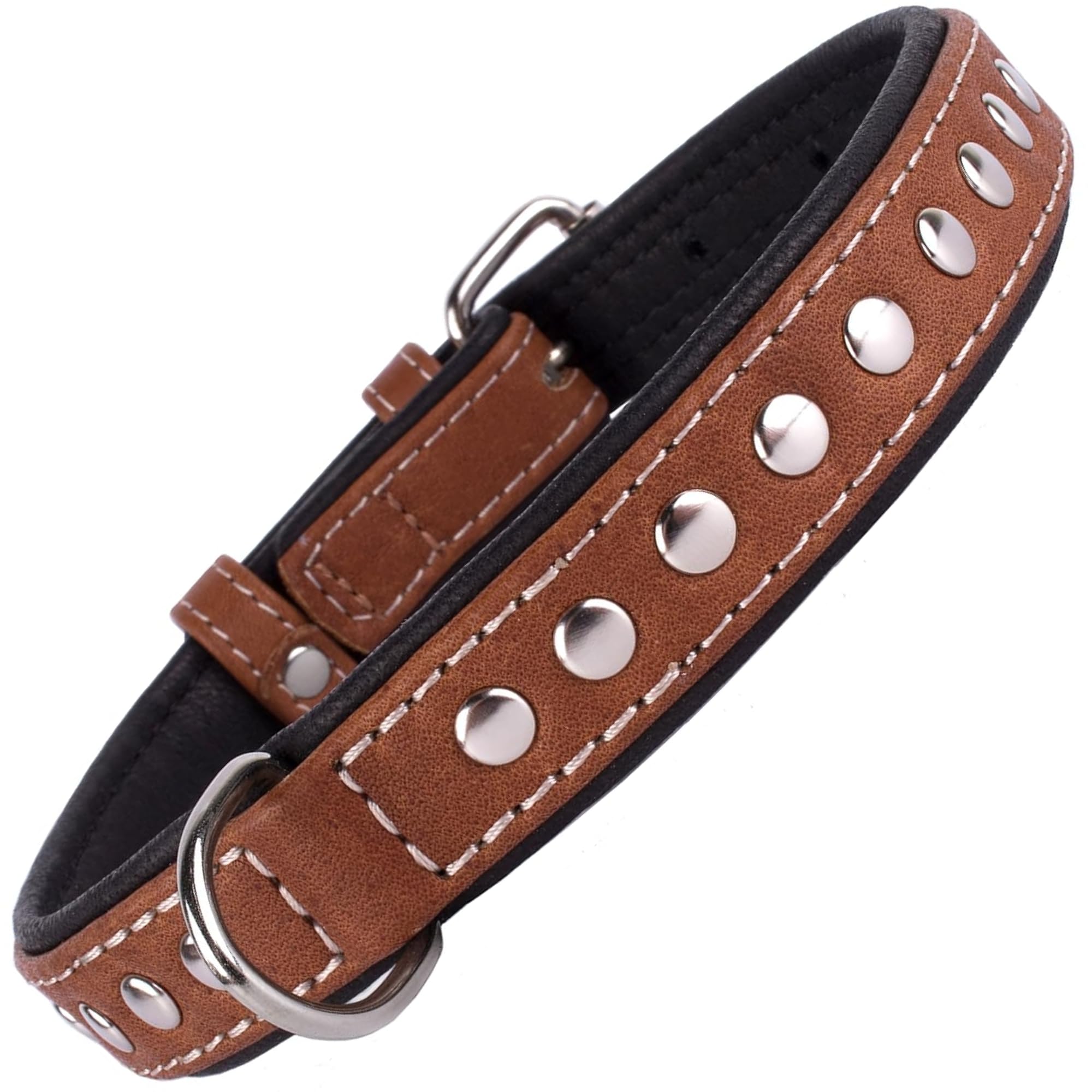 CollarDirect Studded Dog Collar Leather Pet Collars for Dogs Small Medium Large Puppy Soft Padded Brown Black (Brown, Neck fit 17" - 19")