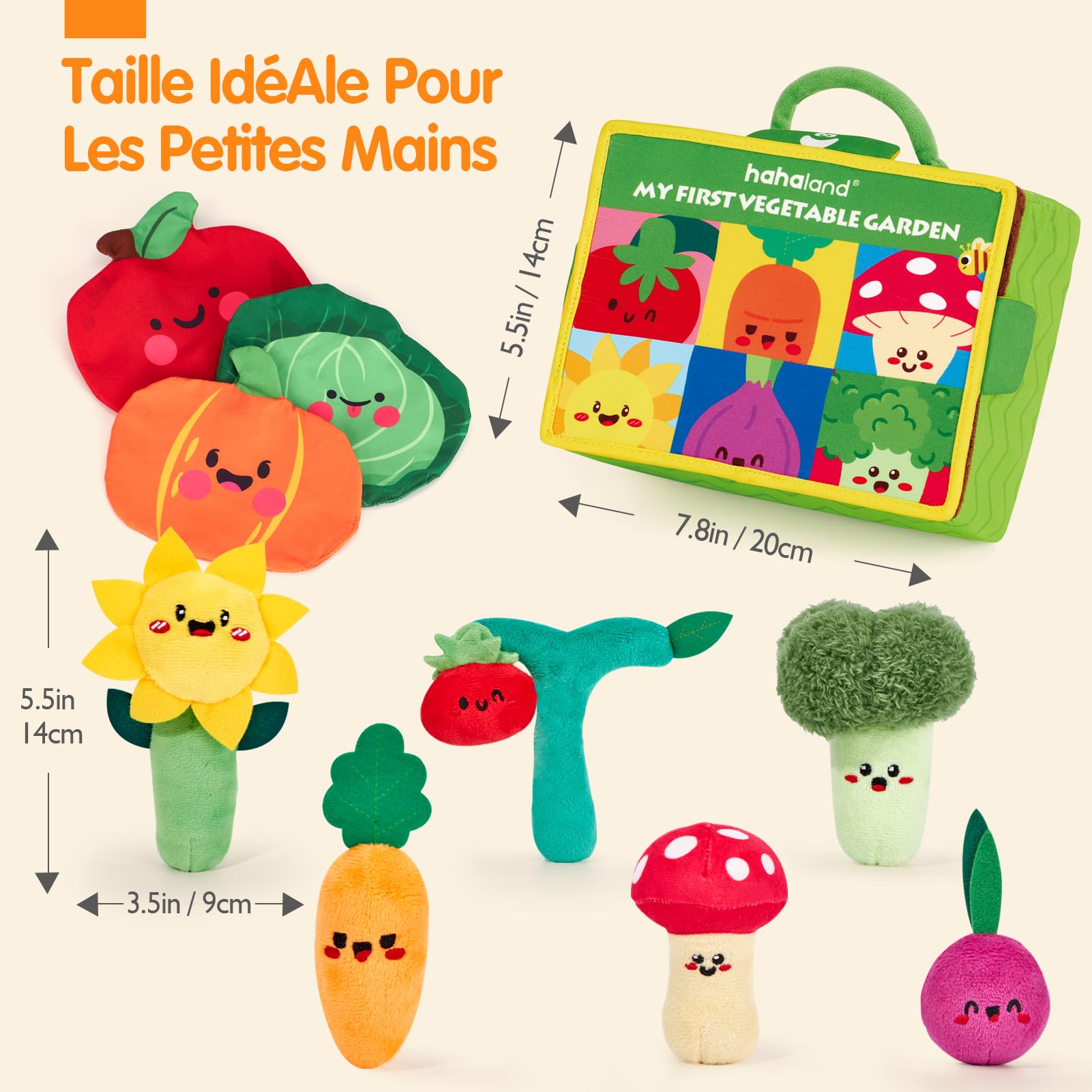 hahaland Jouet Bebe 6-12 Mois - Peluche Fruits légumes Plante | Jeux Potager Bebe 6 Mois avec Carotte, Fleur, Hochets, Miroir et Tissus Froissés - Cadeau Enfant 1 an
