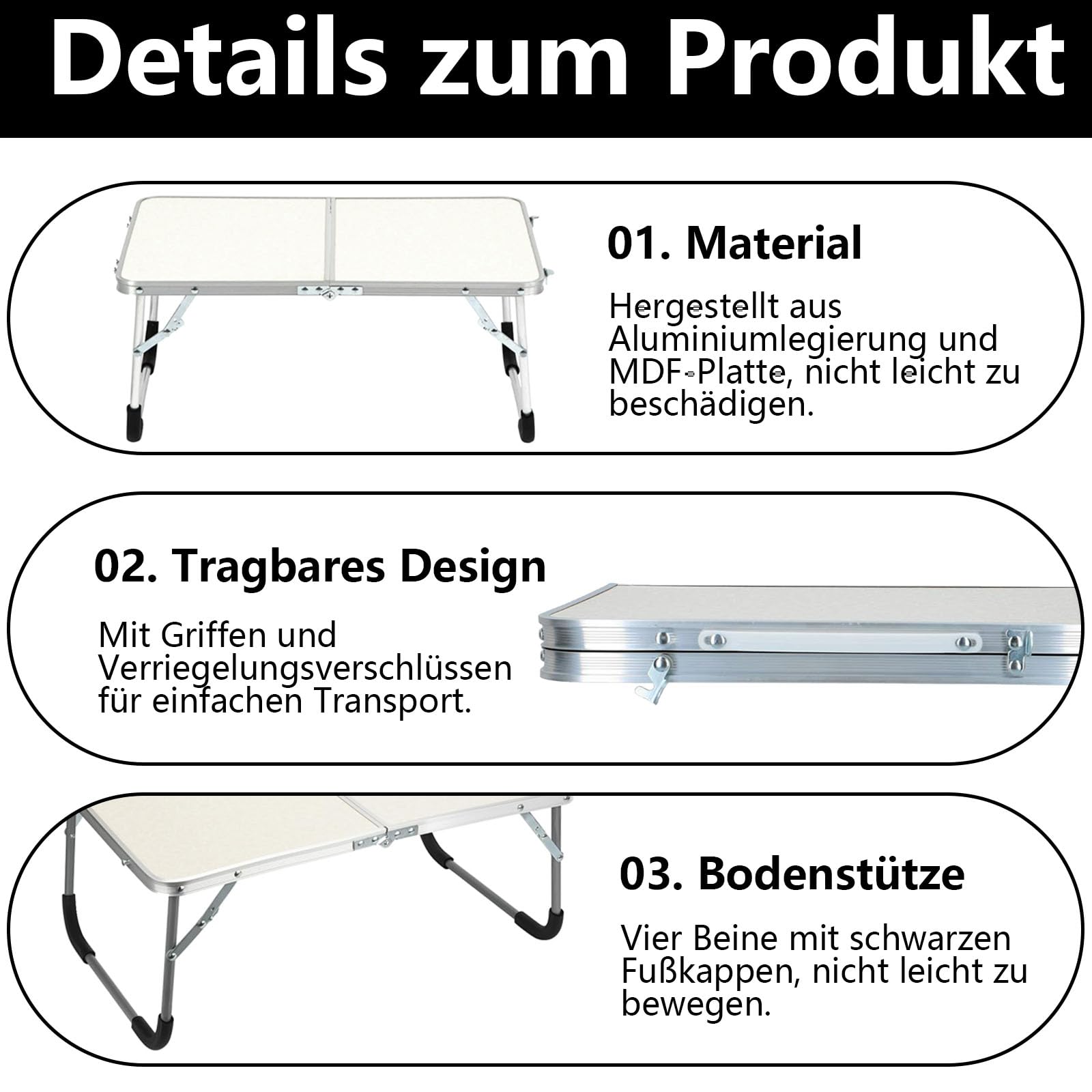 Kleiner Klapptisch, 61 x 40 x 26 cm Aluminium Laptoptisch Klappbar, Tragbar Betttablett Klappbar mit Griff, Campingtisch kleinklappbar, für Picknicks und Camping, Weiß