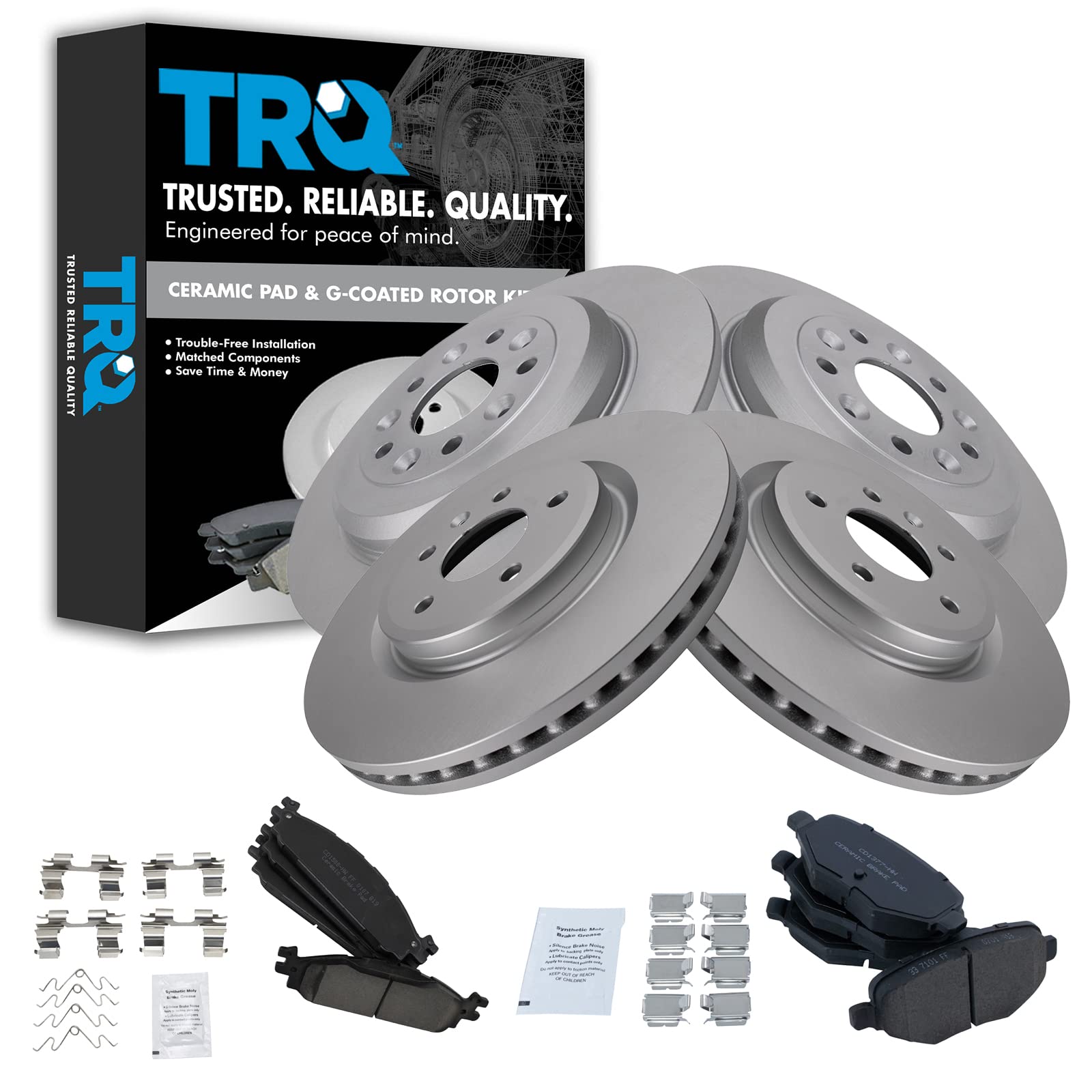 TRQ Ceramic Brake Pad & Coated Rotor Set Front & Rear Kit Compatible with Flex Taurus MKS