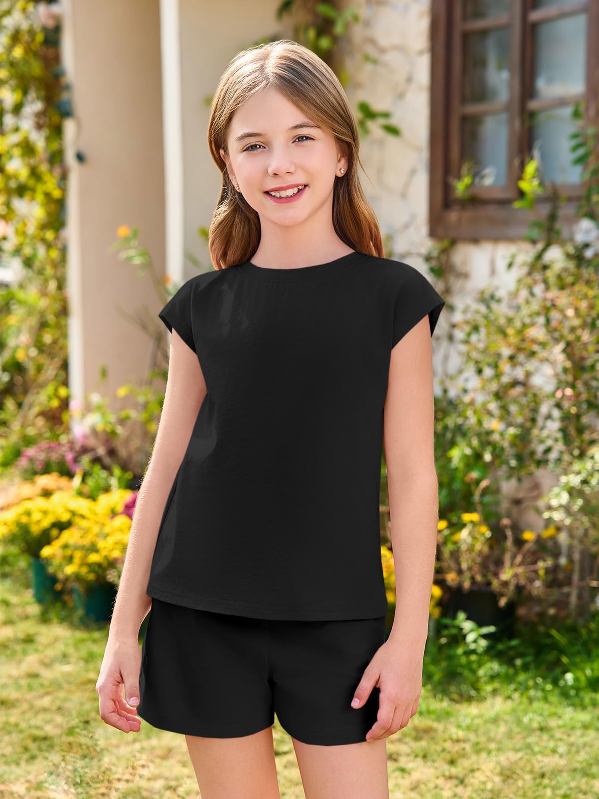 Haloumoning Conjuntos de ropa de verano para niña, informal, manga corta, camiseta con pantalones cortos elásticos, monocolor - 2