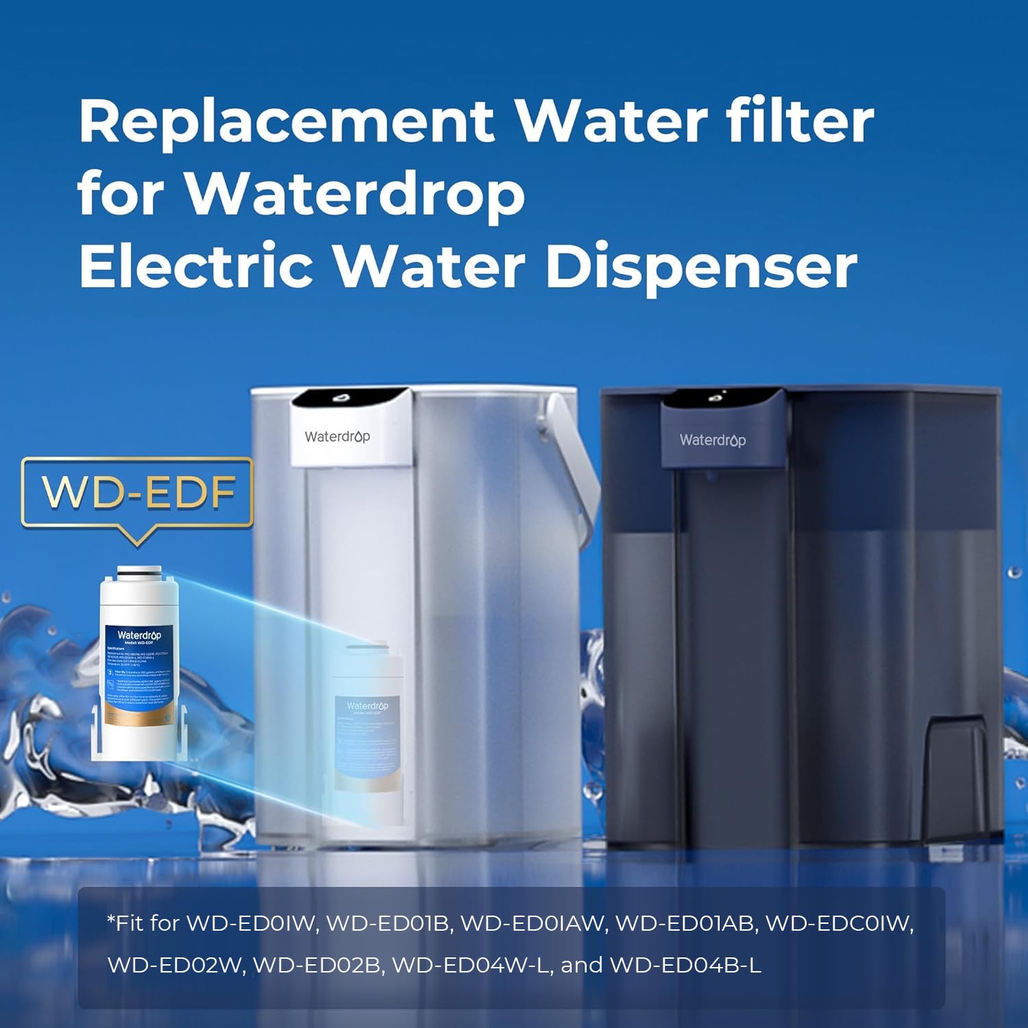 Waterdrop WD-EDF Replacement Filters for Waterdrop Electric Water Filter Pitcher WD-ED01/ED02/ED04, 3 Months or 200 Gallons, NSF/ANSI 401&53&42, 3 Filters