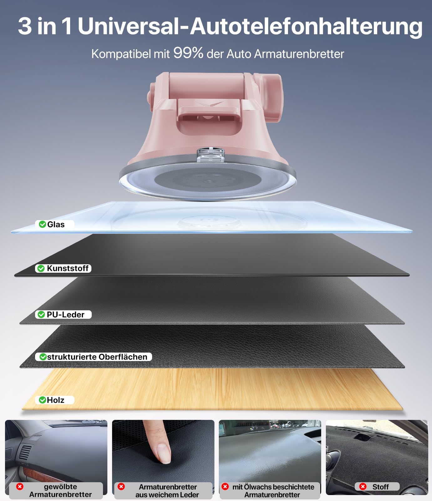 Miracase Handyhalterung Auto Universal [Starker Saugnapf und Metallhaken] kfz Handy Halterung lüftung Armaturenbrett Windschutzscheibe Handyhalter für iPhone Galaxy Alle Smartphone Rosa