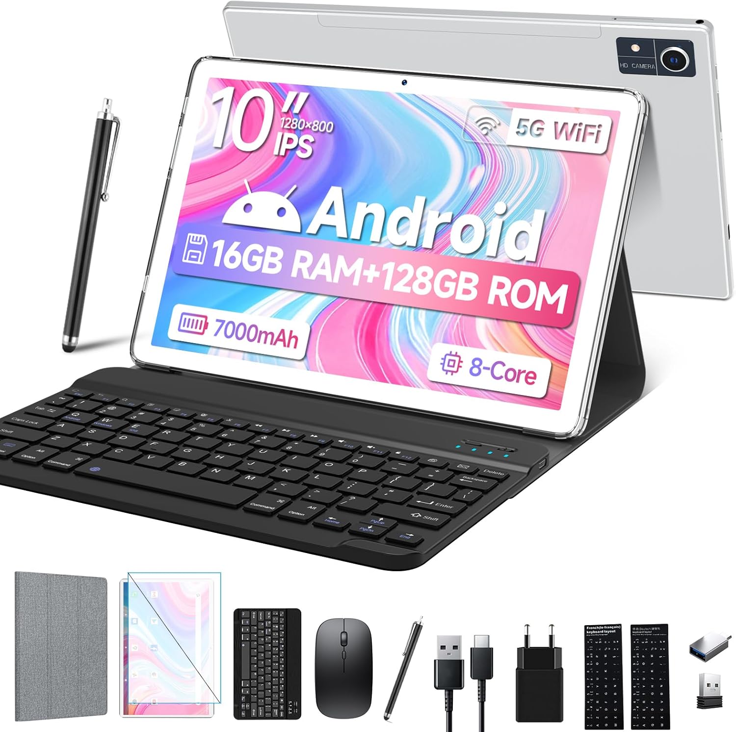 FEONAL 5G WiFi Android Tablet 10 Inch with 16GB RAM+128GB ROM (1TB TF),2 in 1 Tablet with Keyboard and Mouse, MTK Pencil Octa-Core2.0GHz,7000mAh,1080FHD,5MP+13MP,BT,Google GMS-Silver