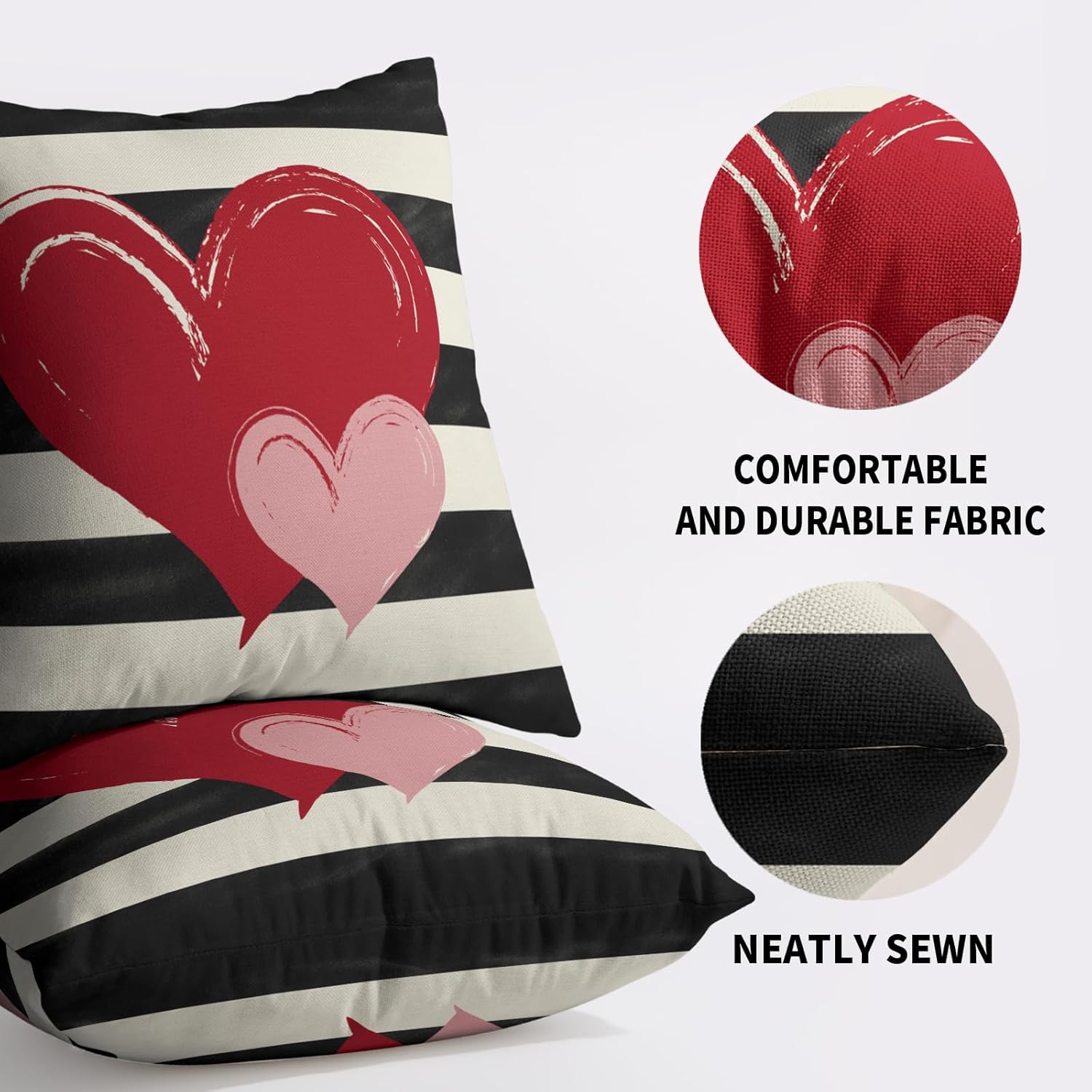 Valentines Day Pillow Covers 18X18 Set of 2, Red Pink Love Heart Valentine's Pattern Black Striped Print Decorative Throw Pillow Covers Outdoor Farmhouse Holiday Cushion Case Couch Sofa Bed Decor - Image 5