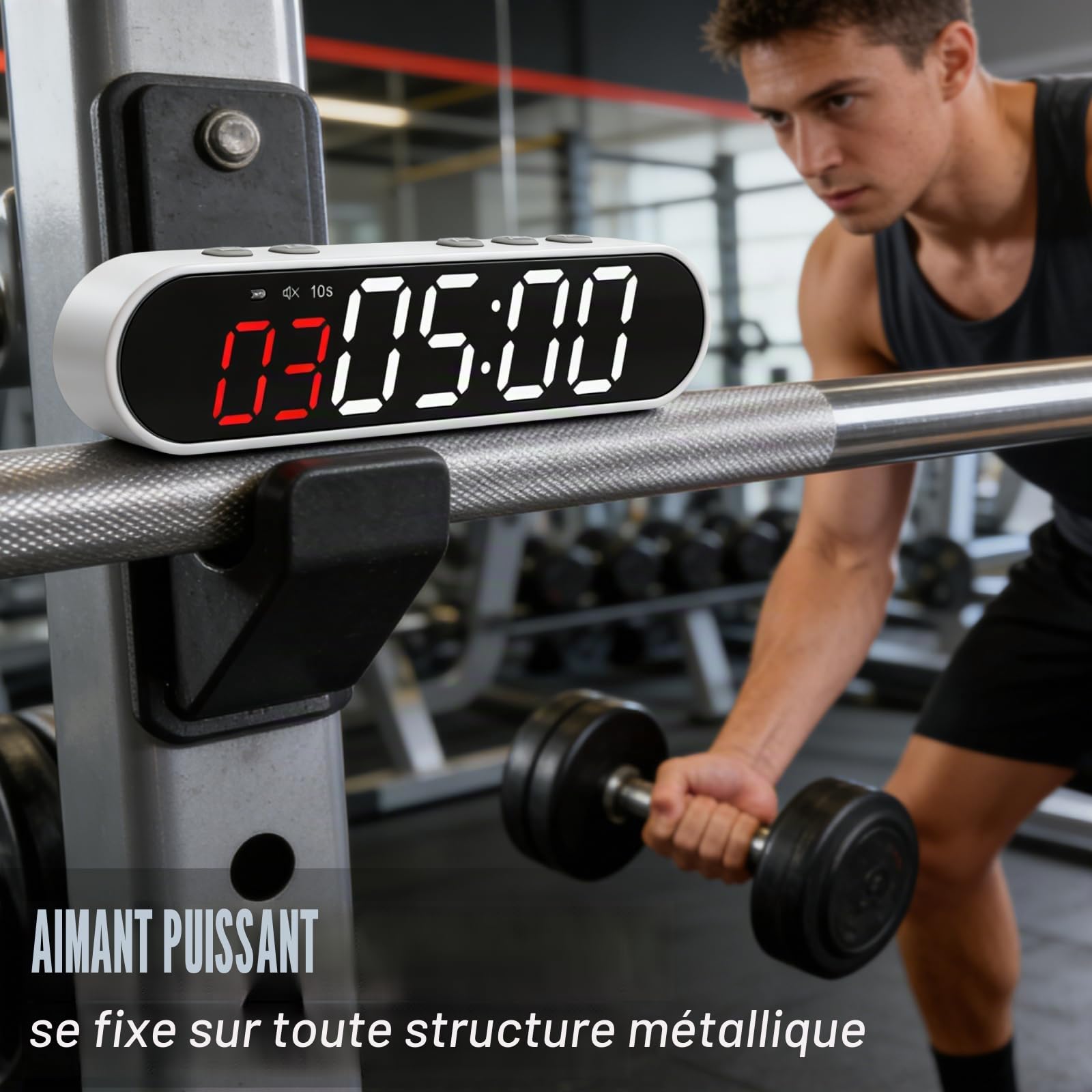 Timer Sport Portable, Gym Timer Sport Minuteur Fitness Aimanté Intervall Timers Horloge avec ChronomèTre, Compte à Rebours/Montée, RéGlable Luminosité/Volume pour Gym Garage EntraîNement