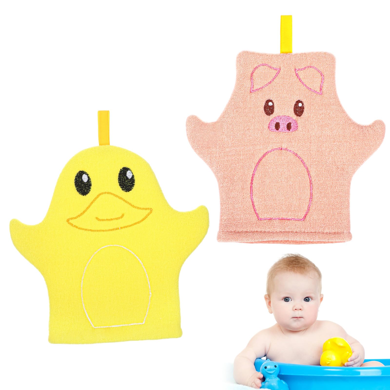 2Pcs Baby Bath Mitt Washcloths Gloves Cute Cartoon Exfoliating Glove Body Scrubber Toddler Wash Cloths Body Scrubber Bathing