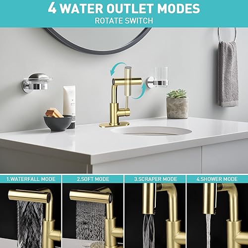 Miniatura 2 de Grifos de baño 4 en 1, grifo dorado moderno de un solo mango extraíble para fregadero de baño, 1 o 3 agujeros con drenaje desplegable y placa de