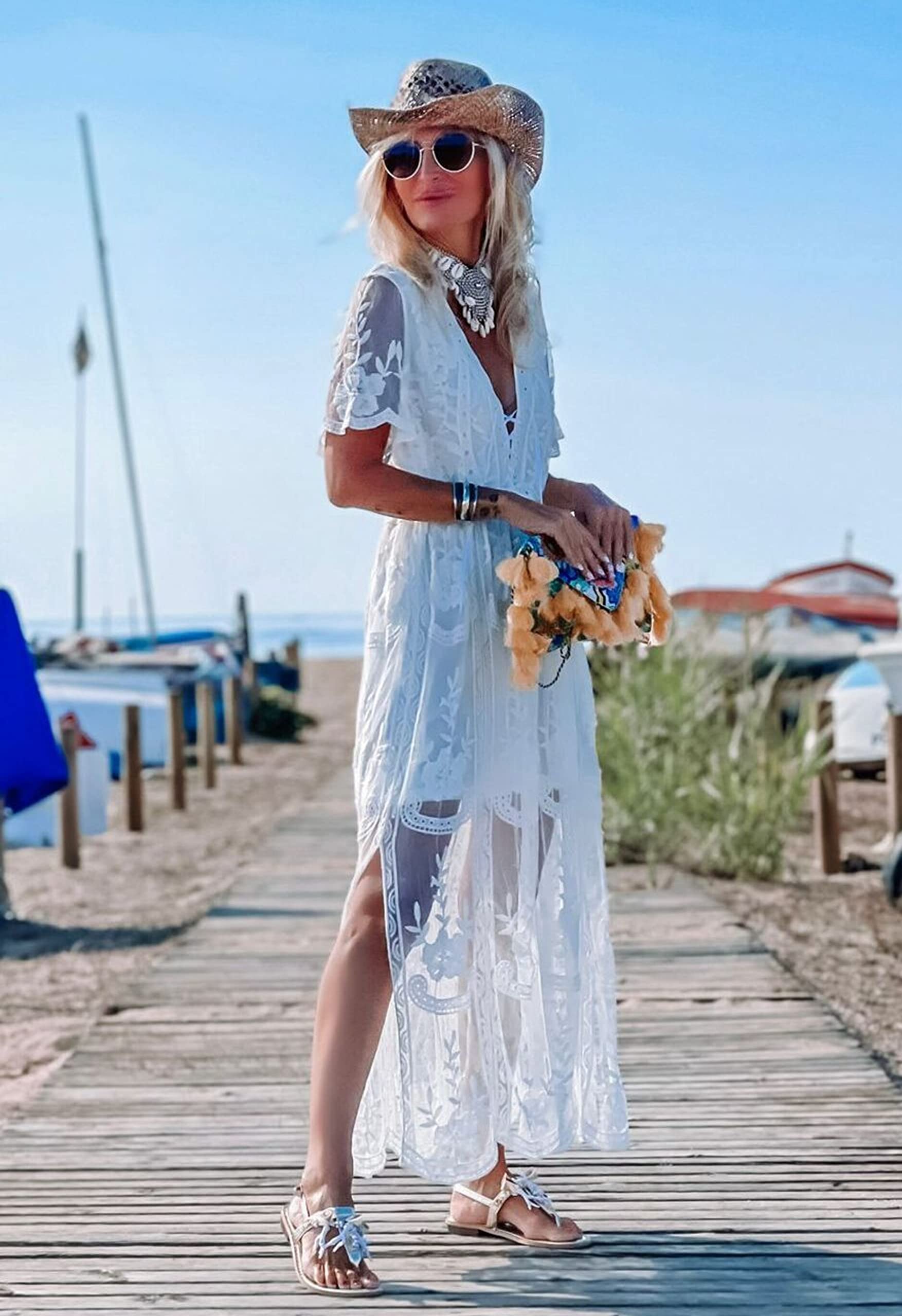 Miro Boho Chic Ibiza Abiti Da Sposa Boho Chic Abito In Pizzo con Scollo A V Profondo. Maniche corte Gonna ampia. Abito da sposa Boho Abito bianco