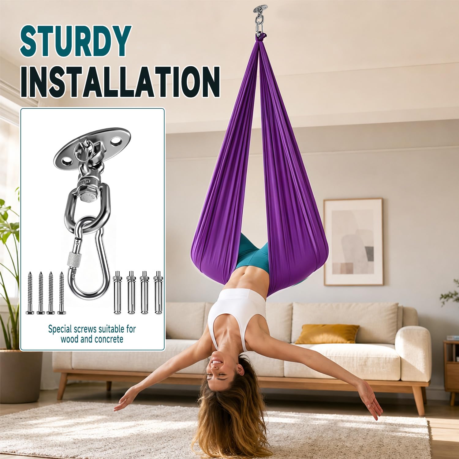 Aerial Yogatuch 280x150cm Yoga-Set für Erwachsene, Yoga Hängematte zum Aufhängen Aerial Yogas Set für drinnen und draußen 200 kg Belastung,inkl. Kompletter Installationshardware für Fitness（Lila)