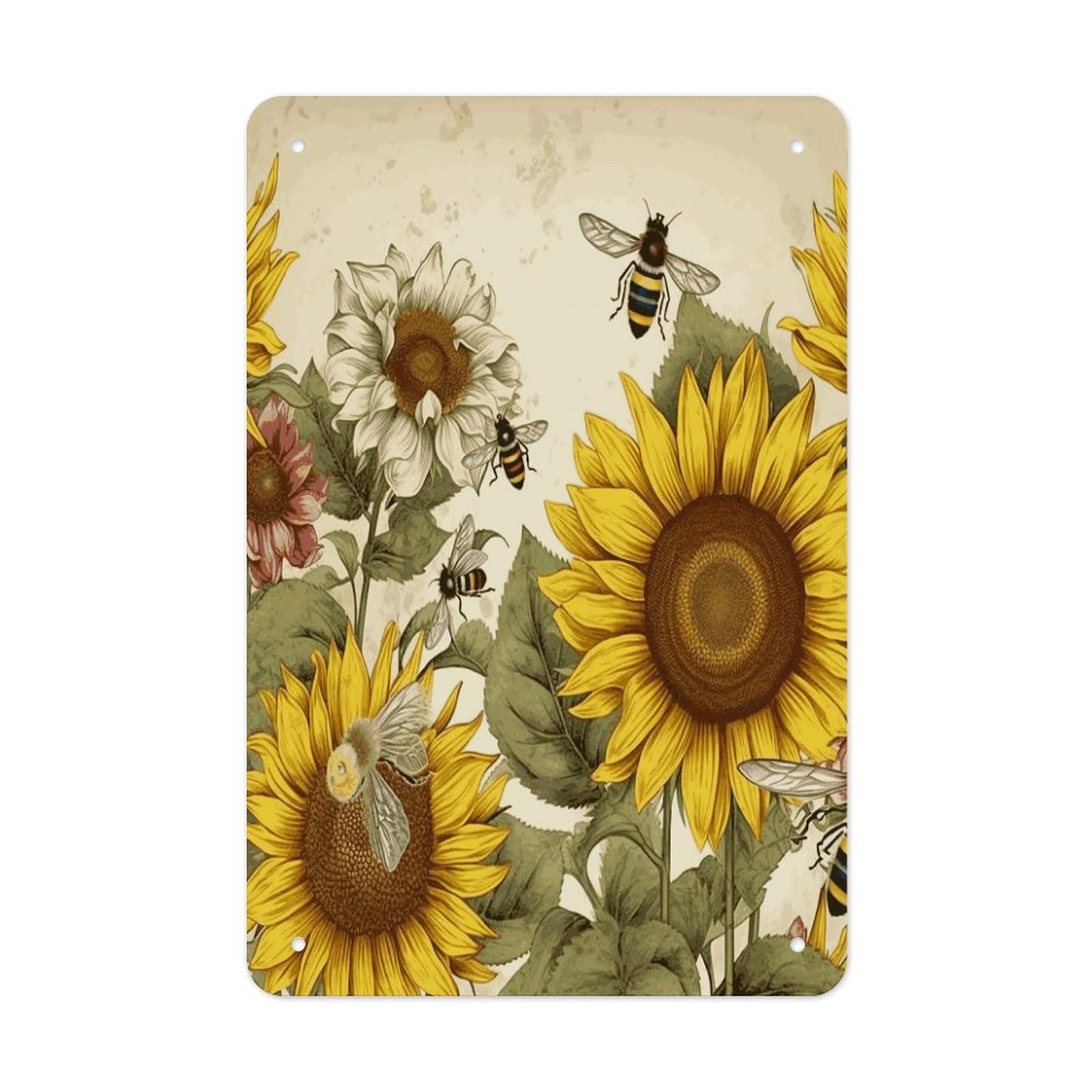 Bees Sunflowers Daisy Rose Flowers Metal Tin Sign Wall Decor Funny Retro Sign Weatherproof Metal Wall Art for Indoor Or Outdoor Retro Tin Signs for Kitchen Office Home Bar Decor 11.8 X 7.9 Inch