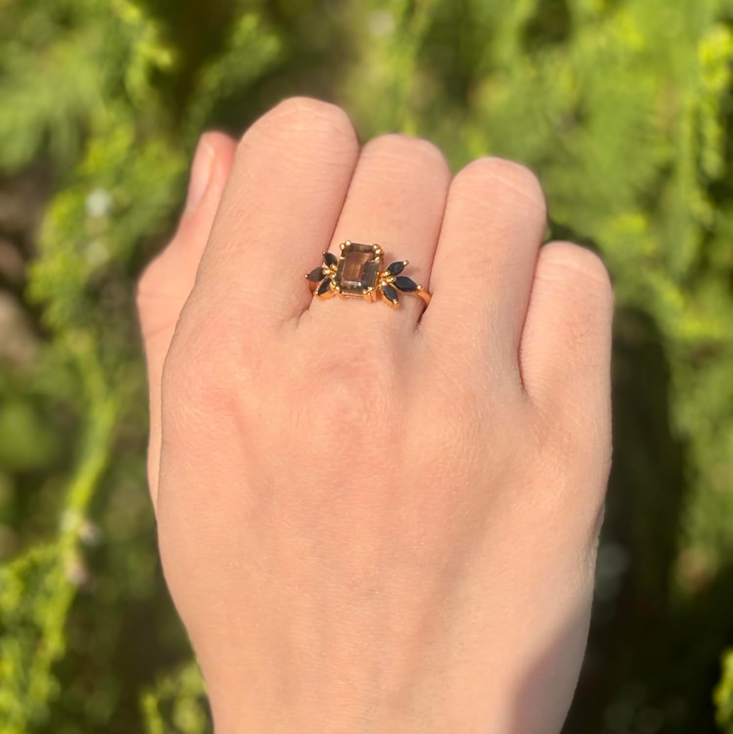 Smoky Quartz & Black Onyx Ring, Emerald Cut Ring, Solitaire Ring, Ring for women, 14K Gold Ring, Statement Ring, Gift for Her
