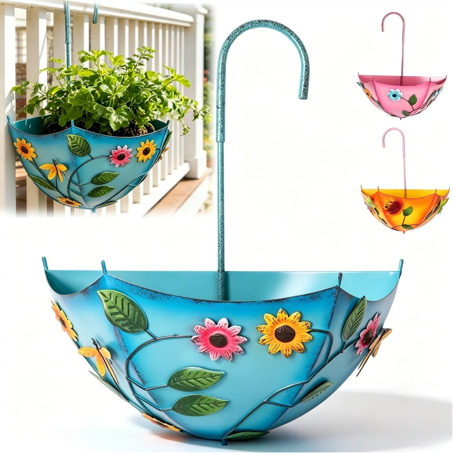 QUNZIDRESS Plant Umbrellas for Outdoor Plants, Farmhouse Umbrella Shaped Wall Hanging Planter – Metal Iron Art with Drainage Holes, No-Drill Flower Pot for Yard, Patio, Balcony, Home Windows Use