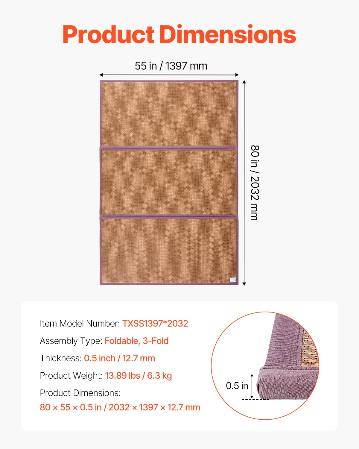 VEVOR Tappetino Tatami, Materasso Pieghevole in Rattan Naturale Intrecciato a Mano, Antiscivolo e Facile da Pulire, Tappetino Traspirante Estivo per Meditazione Yoga 2032 x 1397 x 13 mm