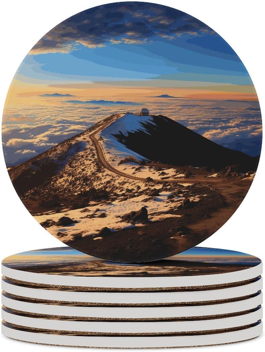 Mauna Kea Summit Sunset Coasters Round Coasters Set Ceramic Stone Coaster with Cork Base Coffee Cup Beverage Cup Mat Cute Funny Table Drinks Coaster for Mugs and Cups Office Kitchen