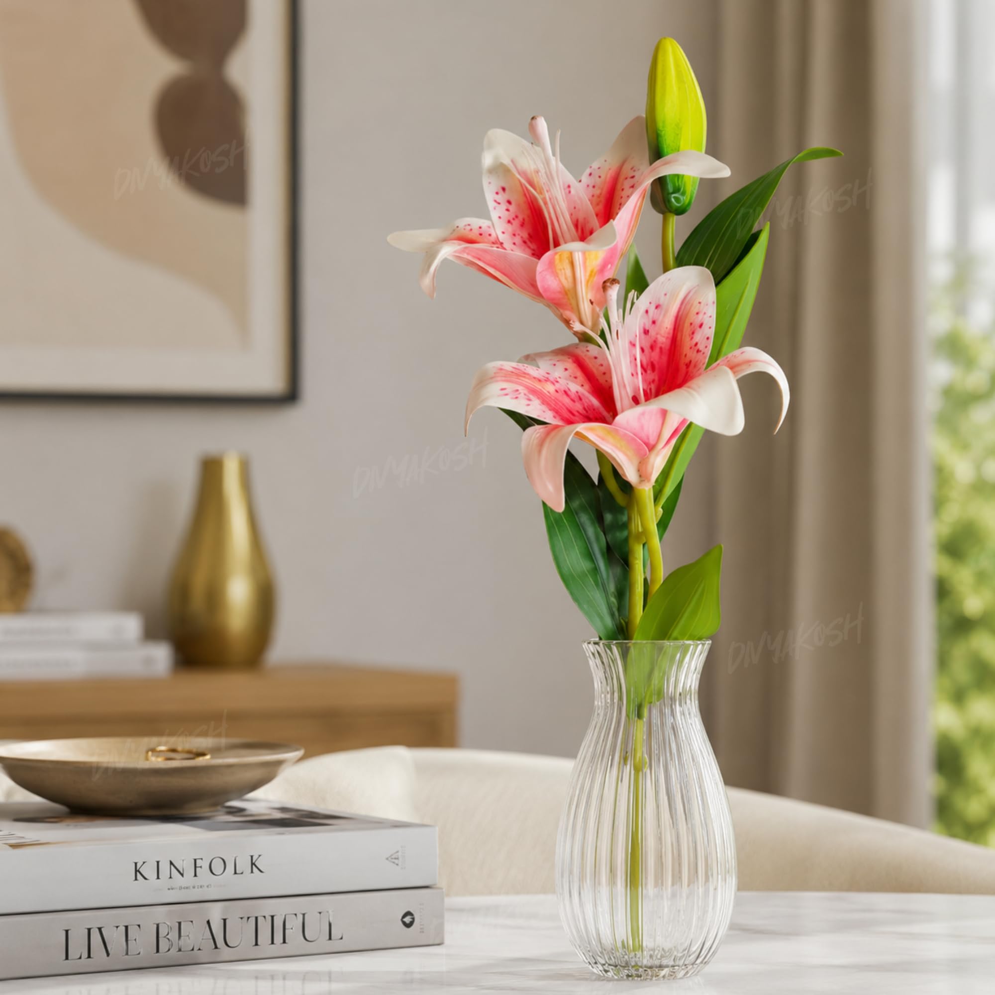 Divyakosh Pink Lily (Pack of 1 Sticks - 2 Lily Heads), Artificial Flowers Bunch (Vase Not Included). Artificial Flower for Vase, Flower Bouquet Gift, Living Room, Office & Centerpiece Décor