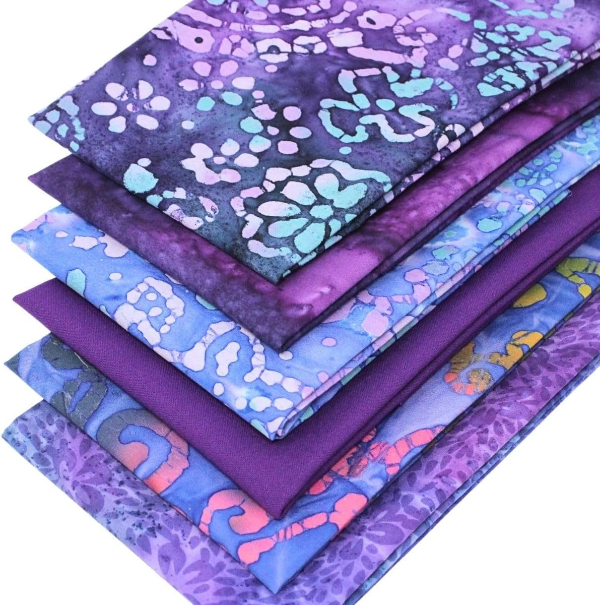 6 Fat Quarters Batik Bundle - 'Purple Vision' A Stunning Set of Batik & Plain Solid Fabrics in Purple & Blue. 100% Cotton. Ideal for Quilting & Crafting. (Free Patchwork Pattern by Overdale Fabrics)