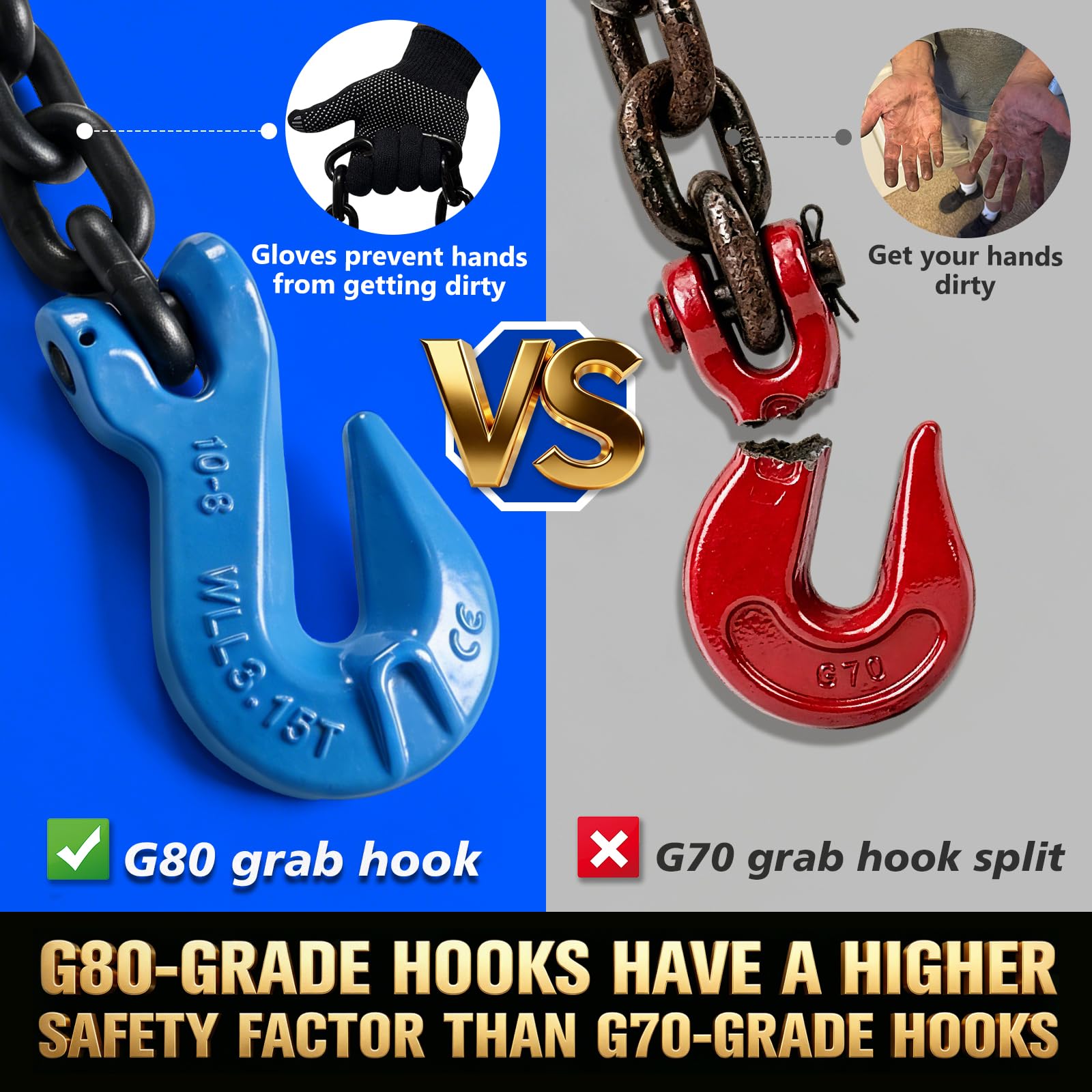 Cadena de transporte de 3.15 toneladas (7 libras) con guantes, cadenas de seguridad de remolque de 3/8 pulgadas x 10 pies, cadenas de seguridad G80 resistentes con ganchos de agarre G80, cadena
