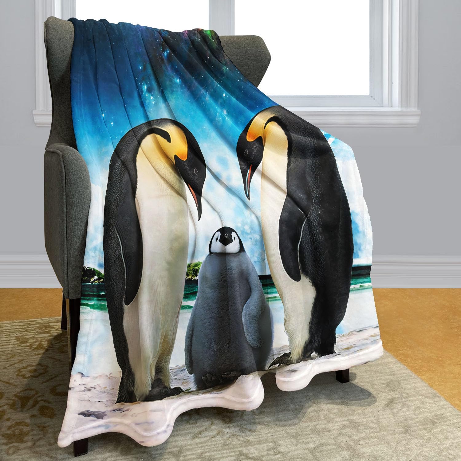 HommomH Emperor Penguin Family Throw Blanket, Galaxy Night Sky Design, Decorative Soft Cozy Fleece Blanket for Couch Bed, 60 x 80 Inches, Blue
