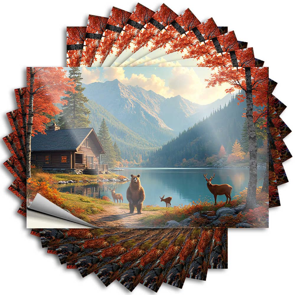 Sticker Fall Door Decor Paw Western Cover Autumn Serenity: Cabin By The Lake with Wildlife - Scratch Resistant Stickers(6X9CM)