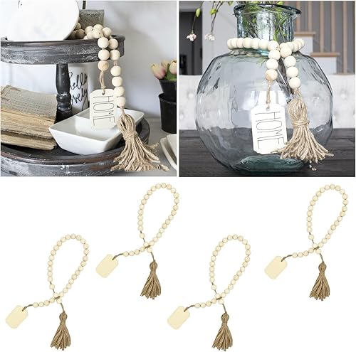 Miniatura 1 de Paquete de 4 guirnaldas de cuentas de madera de decoración bohemia, cuentas de madera para decoración del hogar de granja con borlas, decoración