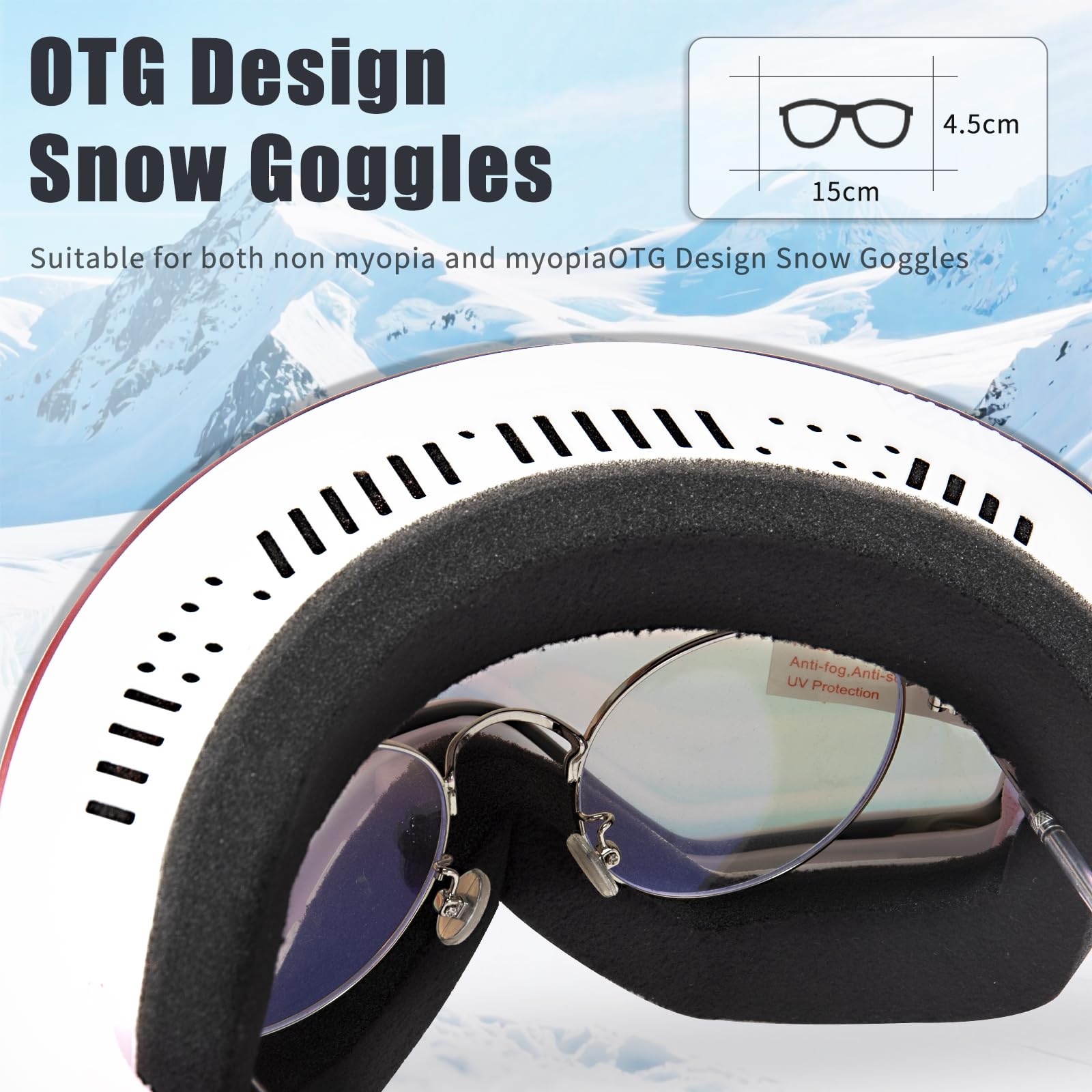 Gogle narciarskie, YH879B-2 OTG gogle narciarskie unisex regulowany rozmiar ochrona przed zaparowaniem UV snowboard lusterko śnieżne do jazdy na nartach jazda na rowerze sporty zimowe