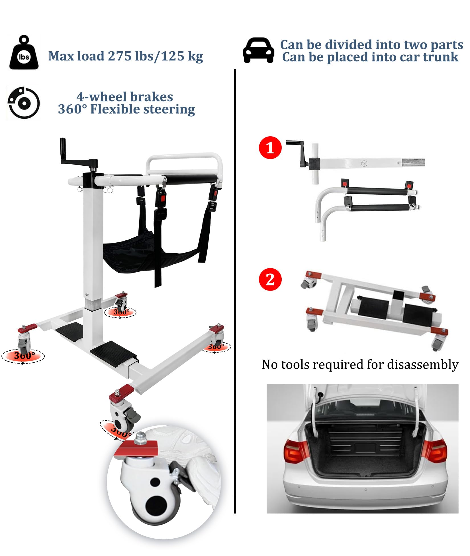 Silla de Transferencia con Elevador de Pacientes, Altura/Ancho Ajustable, Dispositivos de Transferencia de Silla de Ruedas a Coche, Silla de Transferencia de Cama al WC