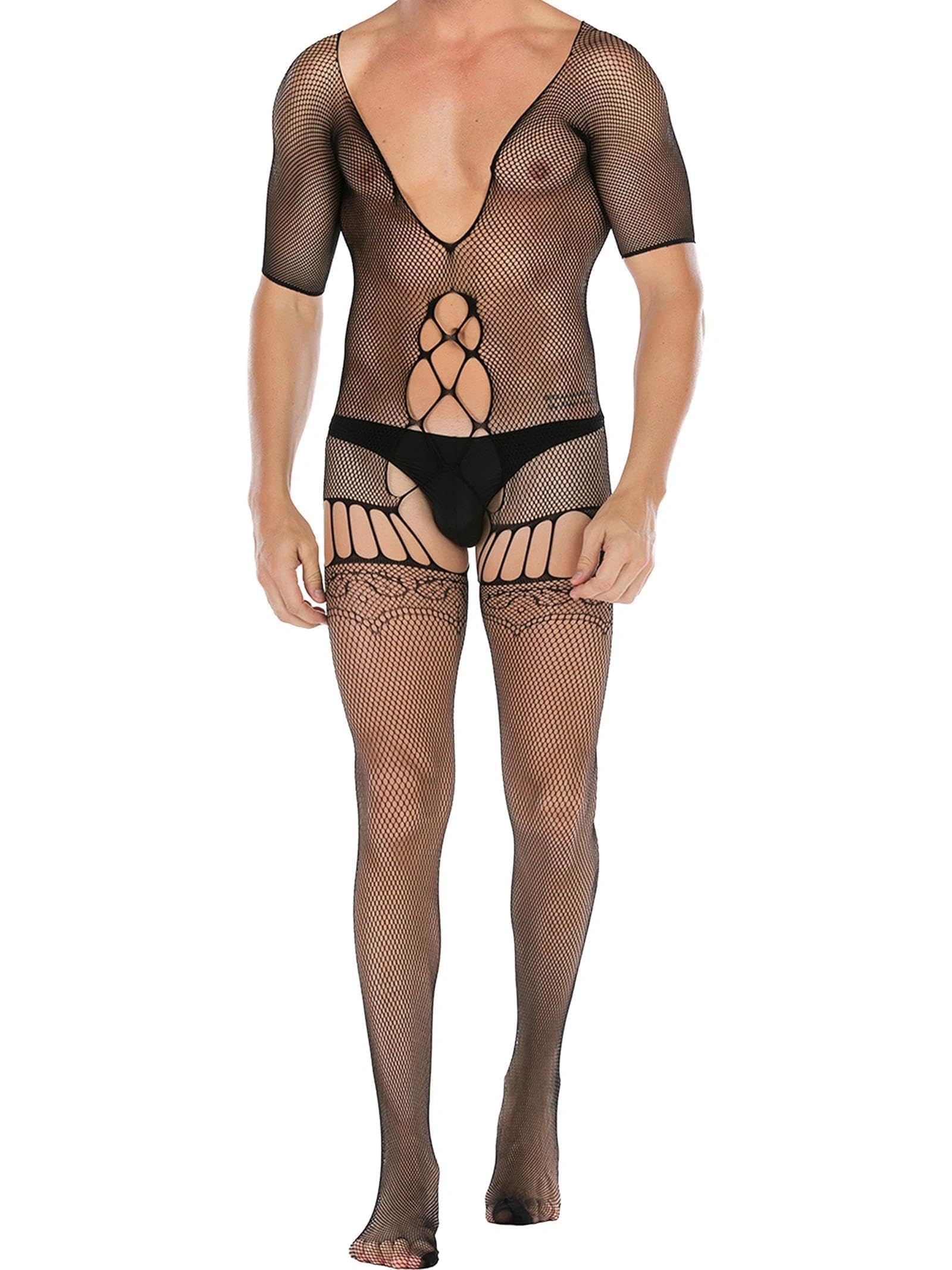 Photo 1 of Eagerlove Mens Sexy Fishnet Bodystocking Lingerie Jumpsuit Mesh Hollow Out Bodysuit Stretchy One Piece Nightwear Rave Outfits 003 Black