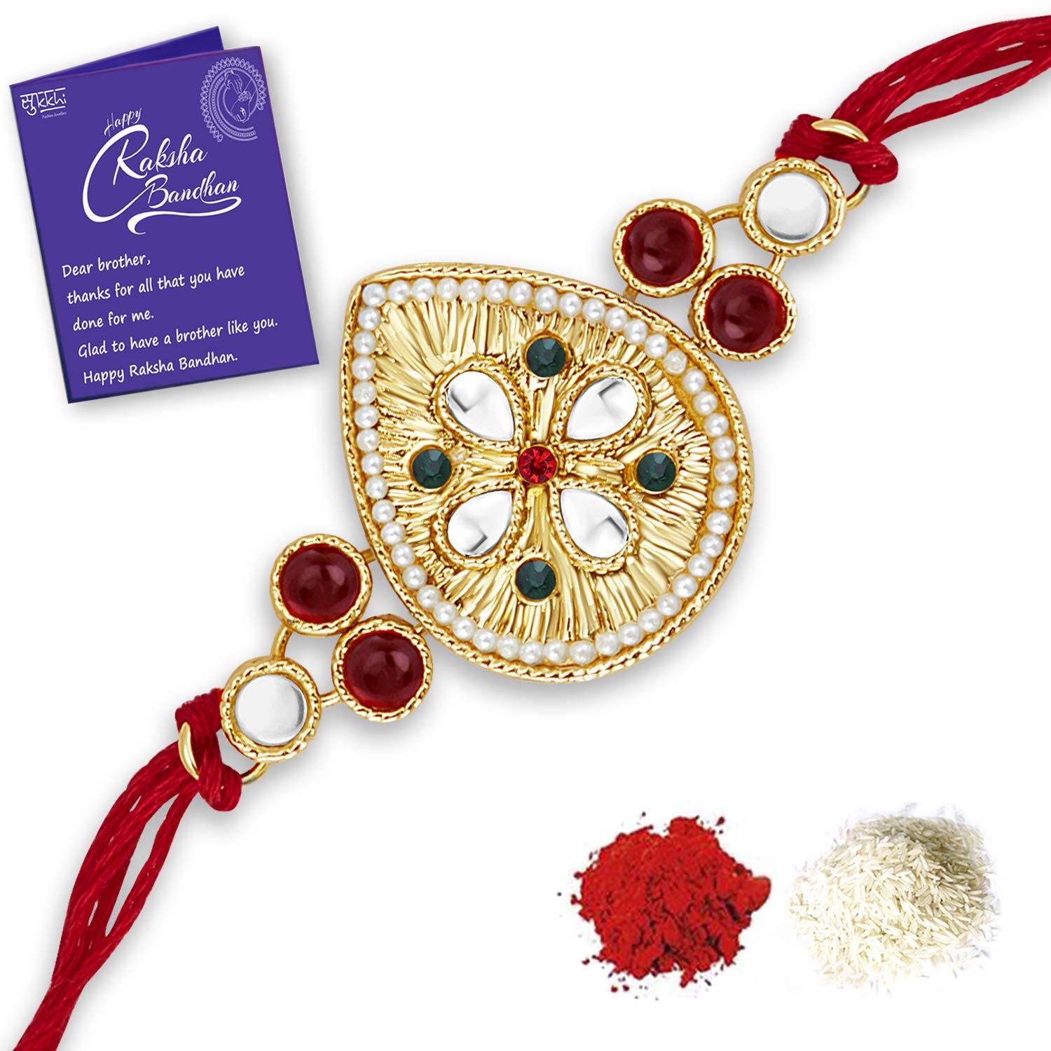Sukkhi Rakhi Sightly Kundan Designer Gold Plated Premium Rakhi for Brother With Roli Chawal & Greeting Card | Rakhi for Bhaiya | Rakhi for MEN | Kundan Rakhi | (RAK100003) (B09414FLS5) Amazon Price History, Amazon Price Tracker