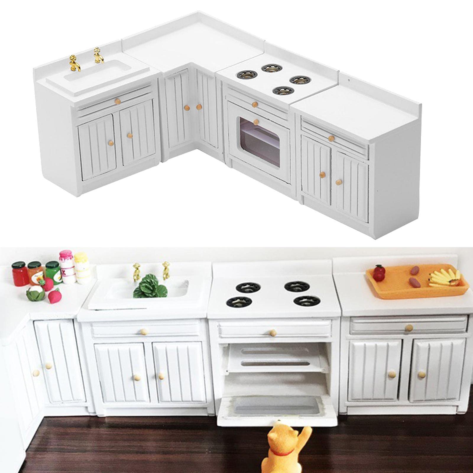 NAMOARLY 1/12 Scale Miniature Kitchen Cabinet - White Wood Dollhouse Furniture For Tiny House Decor