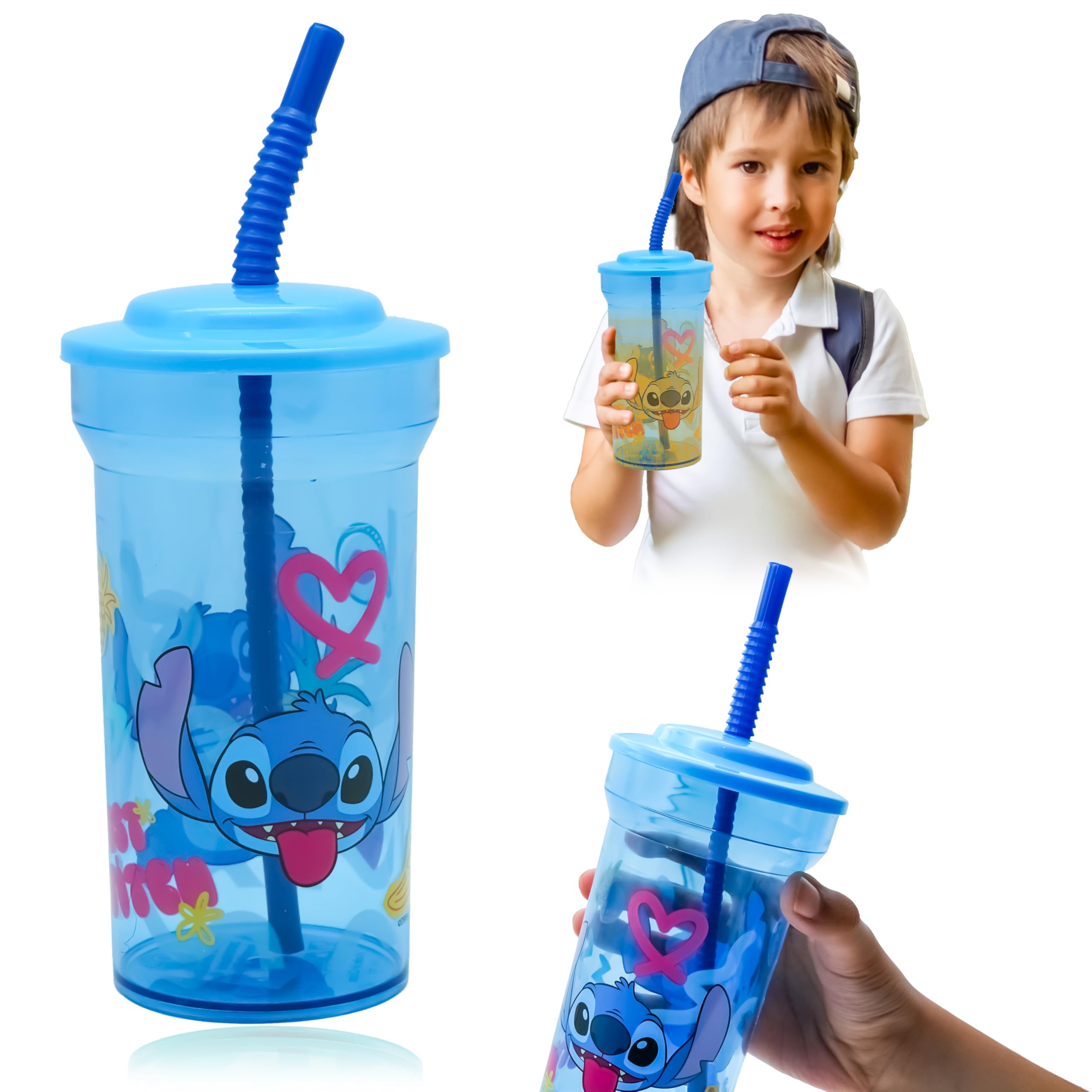Disney Stitch Children Drinking Cup Straw - 460ml BPA Free Plastic Tumbler with Straw and Lid, Reusable Cold Beverages Tumbler for Kids 4+ Years