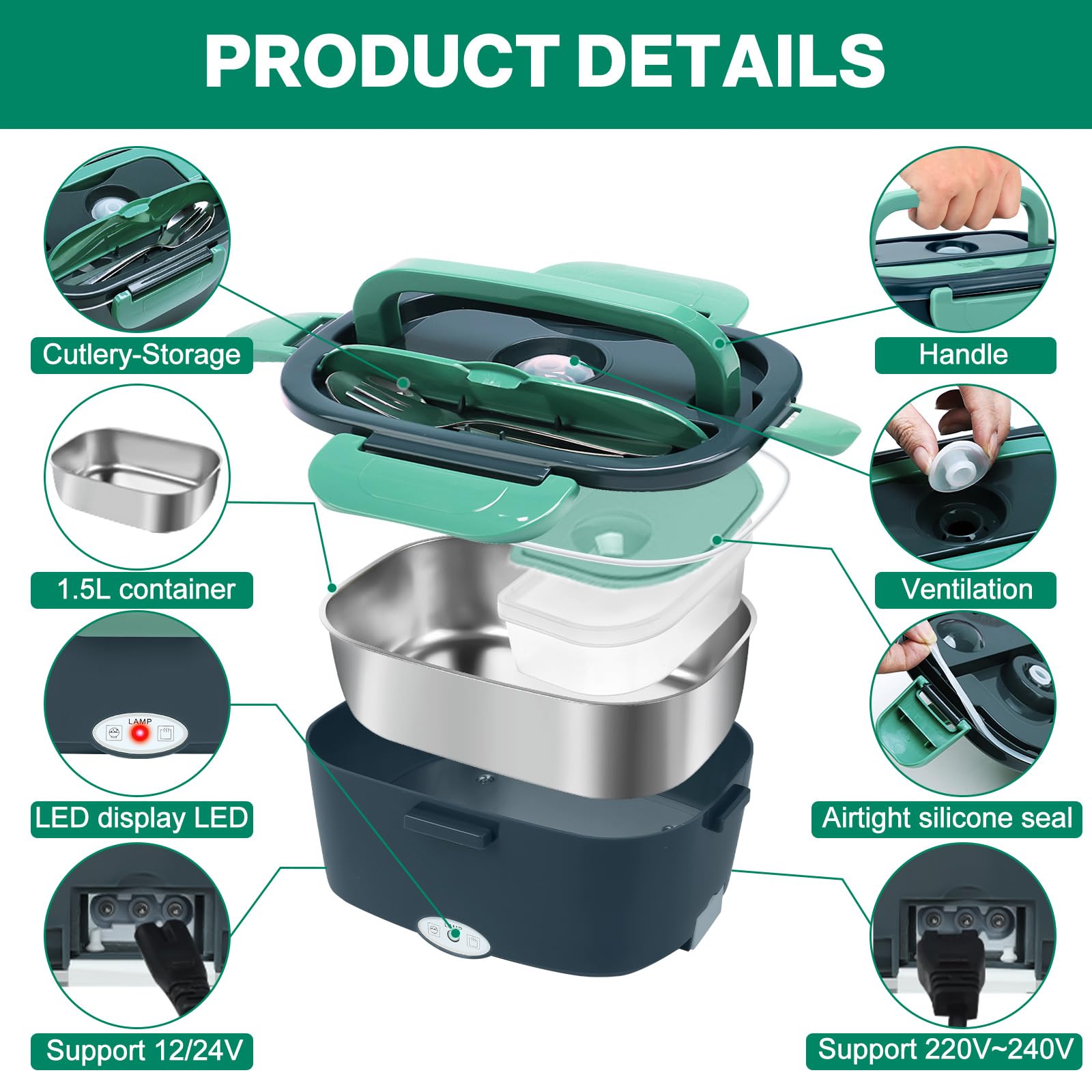 Lunch Box Chauffante Électrique 1.5L – 12V/24V/220V, Acier Inox 304, 60W, Gamelle Repas Voiture Bureau Voyage