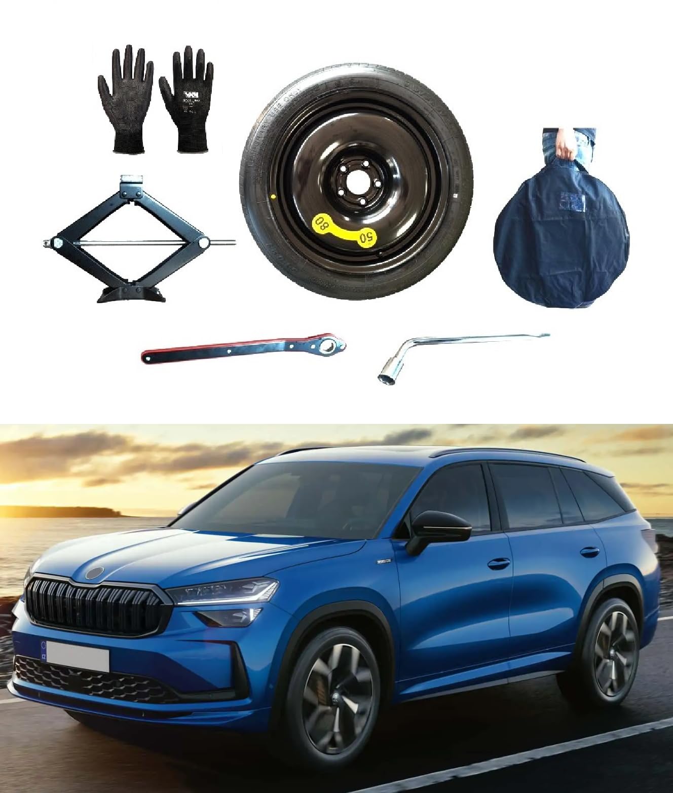 Rueda de emergencia 17" compatible con Skoda Kodiaq con gato, llaves, guantes y bolsa 125/80R17