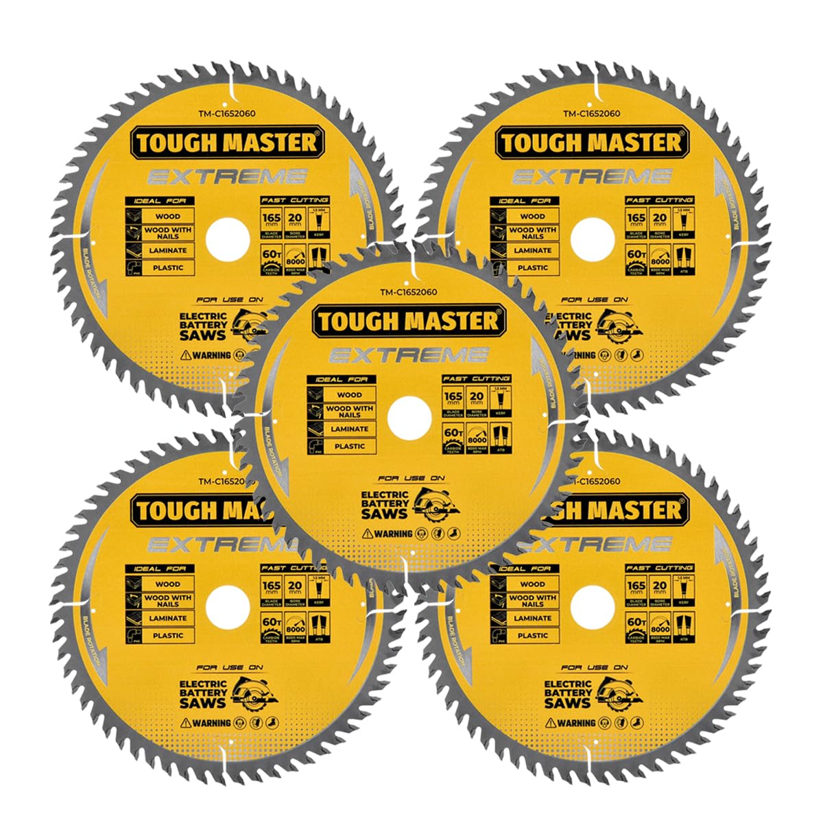 TOUGH MASTER Lama per sega circolare, 165 mm, professionale, in TCT, 165 x 20 x 60 denti, ideale per legno, legno con chiodi, laminato, plastica, adatta a Bosch, Makita, DeWalt, confezione da 5