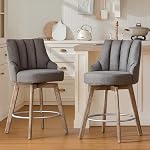 Tabourets pivotants de comptoir de hauteur, Tabouret à dos, Tails à sable 3, Pieds en bois massif de 26'', tabourets de barre de coussin épais en tissu de lin