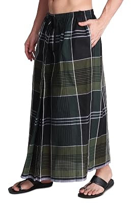 Gowri Tex Elastic Premium Cotton Lungi with Dual Packet Pack of 1 (DarkGreen)