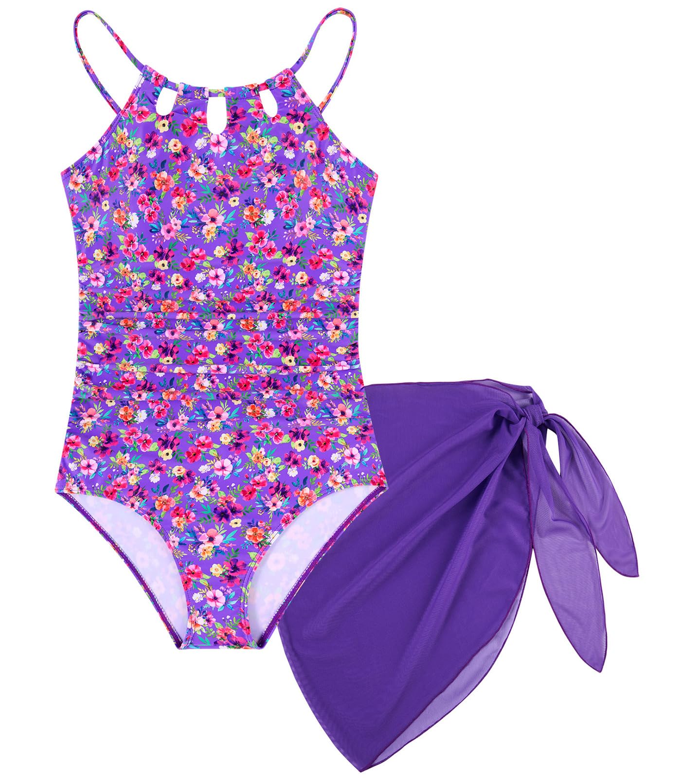 Girls One-Piece Swimsuit Bathing Suit with Cover Ups Size 7-16 | Adjustable spaghetti straps,Cut-out design, Removable chest pads, Swimwear for the beach, swimming pool, Hawaiian vacation
