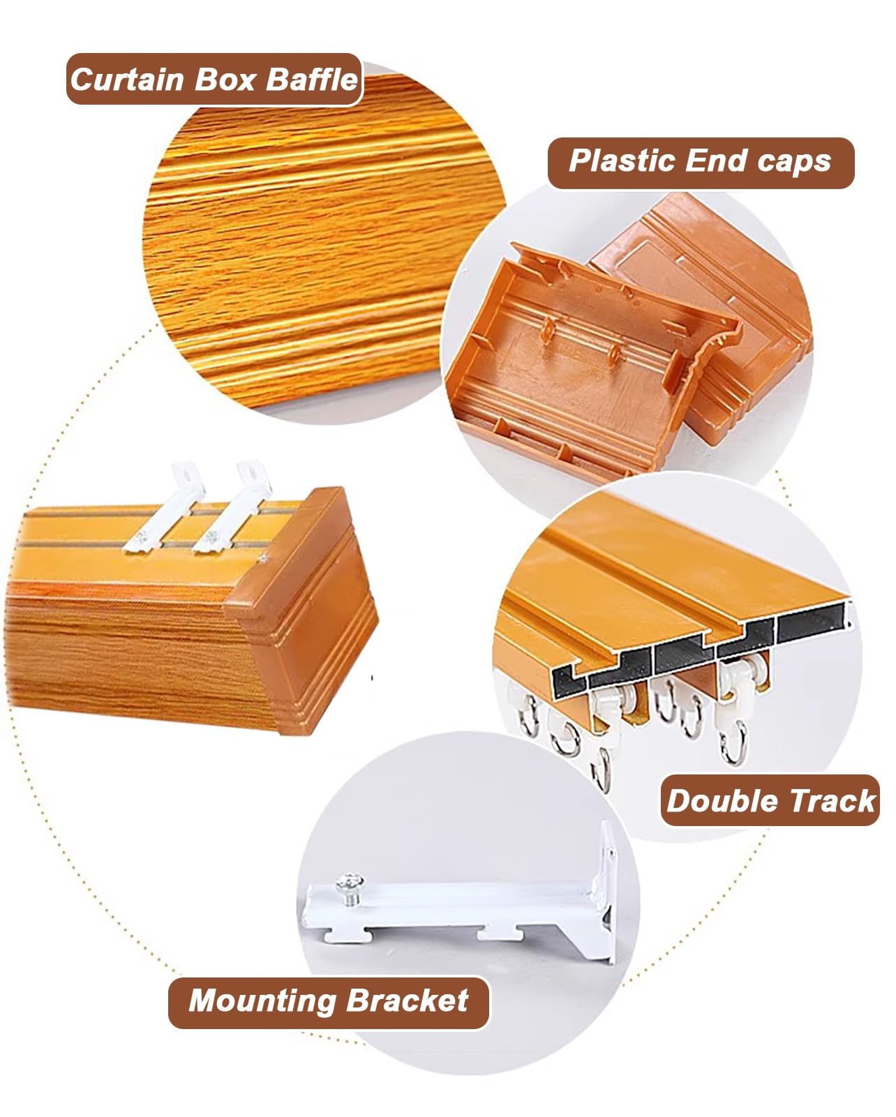 Kunovo Curtain Pelmet Gold Wood Grain Curtain Cassette Box Aluminum, Curtain Pelmet Baffle Double Rail Integrated, Splicable Curtain Box Valance Window Cornice(Wall Mount,7m/23ft)