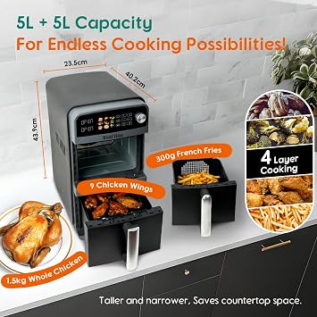 BiutiViita 10L Double Stack Air Fryer with Dual Basket & 2 Drawers – 2400W Dual Air Fryer for Even Heating with 4 cooking levels | 9-in-1 Modes, Sync&Match, Shake Reminder,Large for Family Capacity