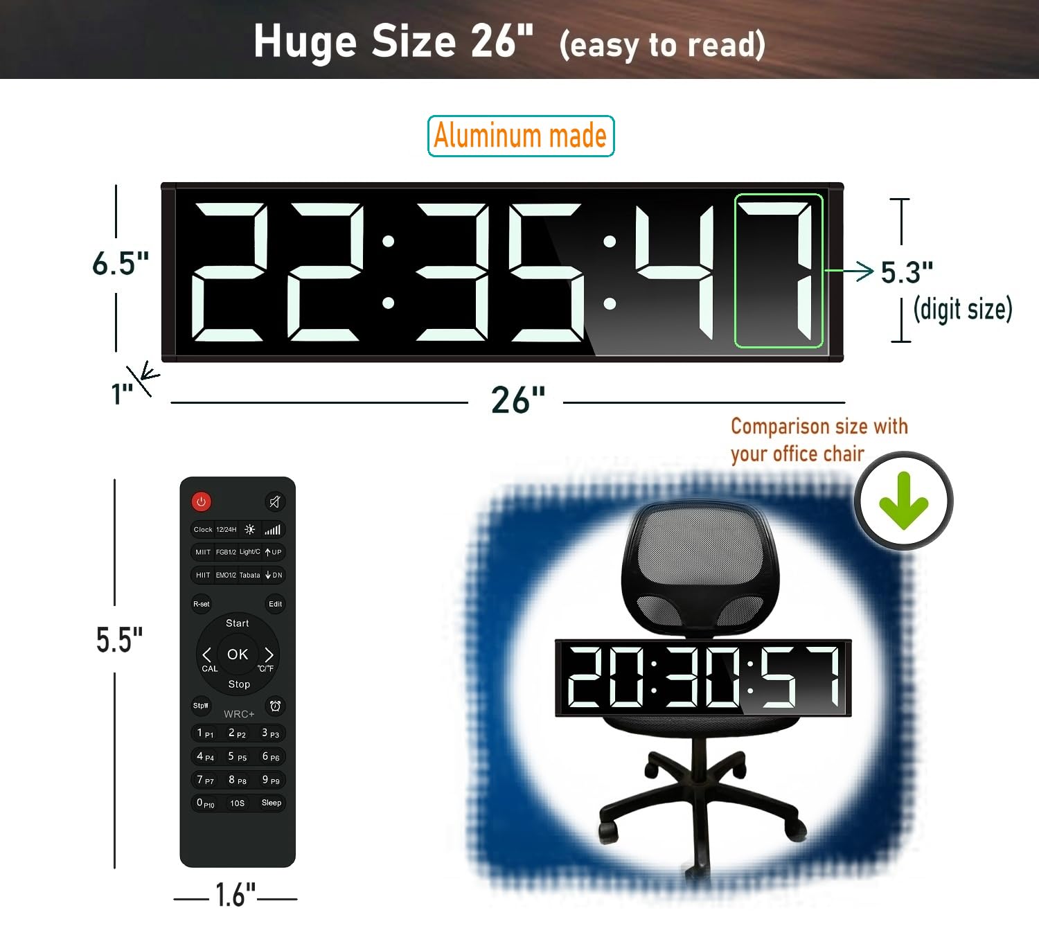 Reloj de pared digital enorme de 26 pulgadas, reloj temporizador de entrenamiento de intervalo de gimnasio en casa, con cuenta regresiva/arriba, cronómetro, 8 alarmas, luz nocturna de 7