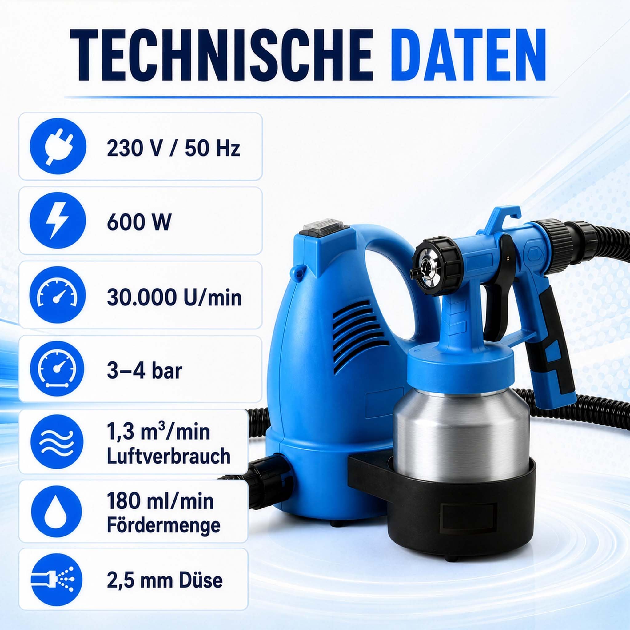 Wiltec Pistola pulverizadora 600W con Boquilla 2,5mm, depósito Aluminio 800ml, Manguera 1,5m y Correa – Pintura precisa y cómoda para Bricolaje o Uso Profesional