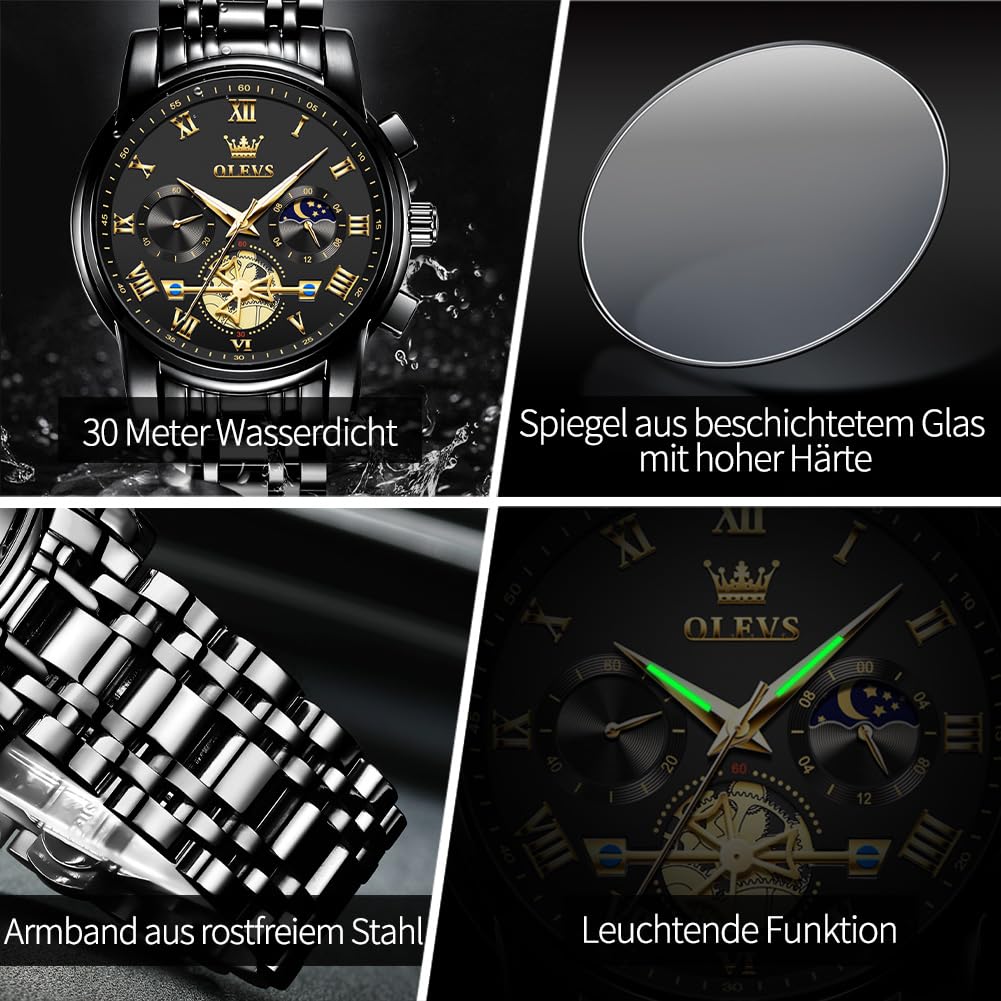 OLEVS Herrenuhren Edelstahlarmband Quarz Uhr Männer mit Römischen Zahlen Mondphase Wasserdicht Leuchtende Klassische Elegantes Armbanduhr Geschenk Sale Marken