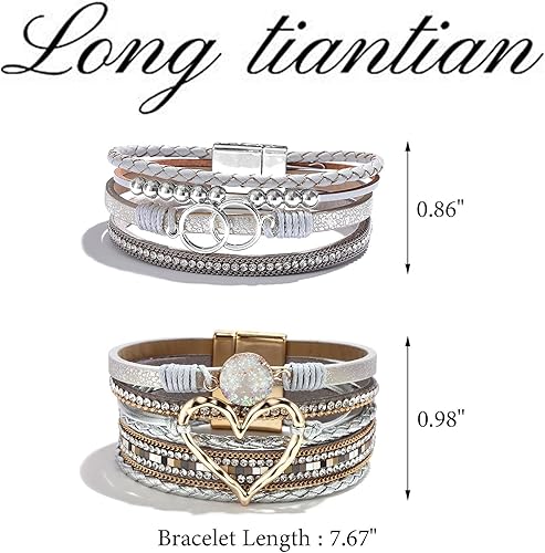 Miniatura 5 de Long tiantian Pulseras de cuero para mujer, pulseras bohemias con cuentas de cristal con cierre magnético, pulsera bohemia de varias capas, regalos