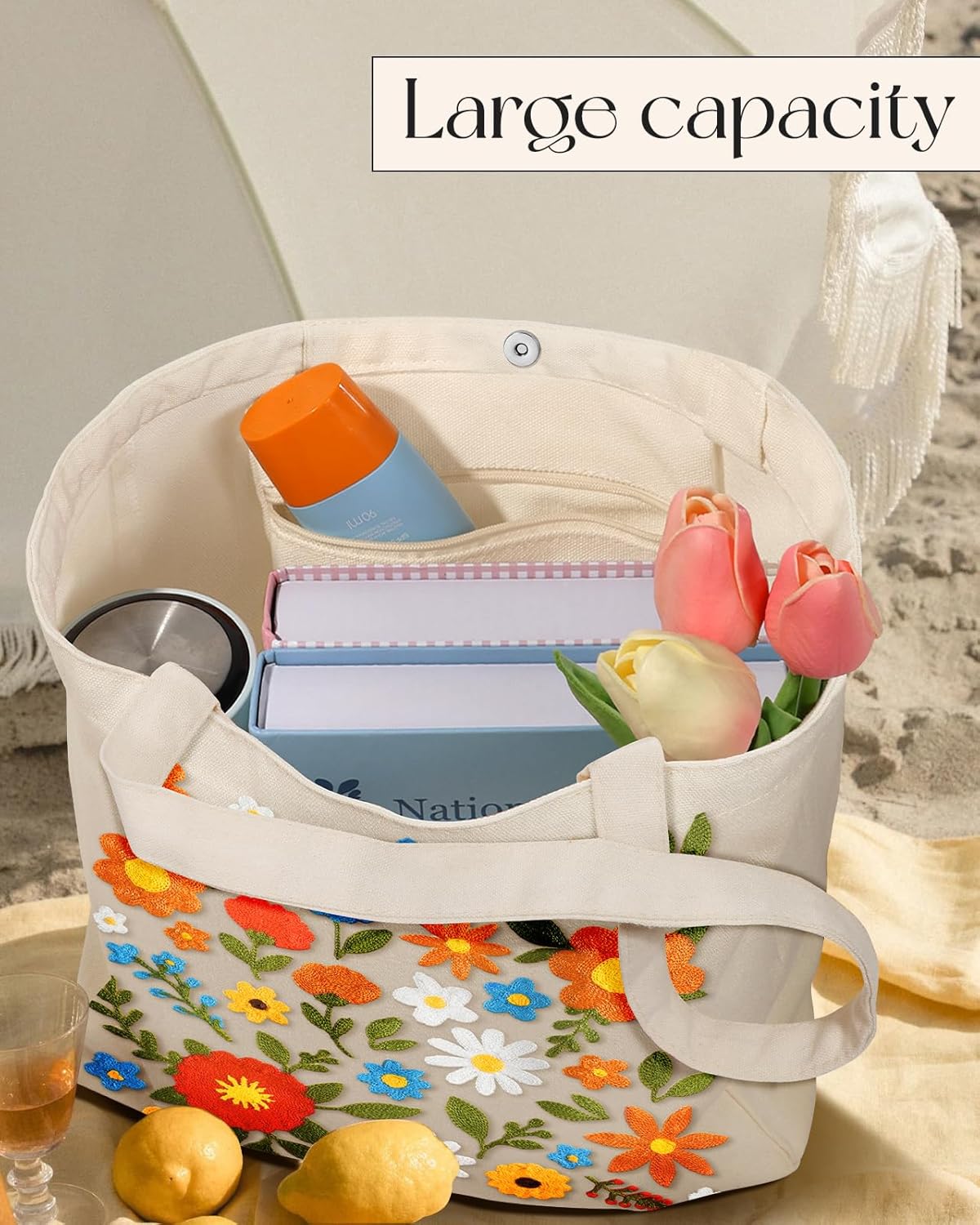 Embroidery Canvas Tote Bag for Women - Reusable Totes with Pocket & Buckle Aesthetic Cute Grocery Shoulder Bag - Image 5