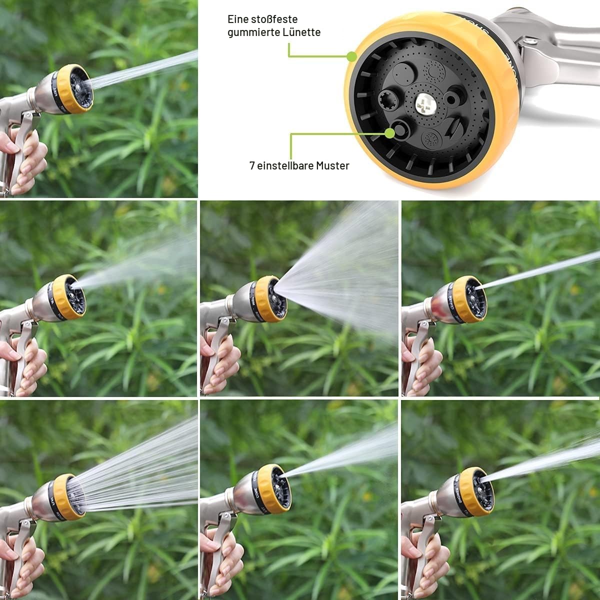 FANHAO Garten Handbrause 100% Metall Gartenbrause für Gartenschlauch, 7 Sprühmuster, Abzugshebel verriegelbar, rostfrei beständig gegen Korrosion, Schnellkupplungssystem Silber