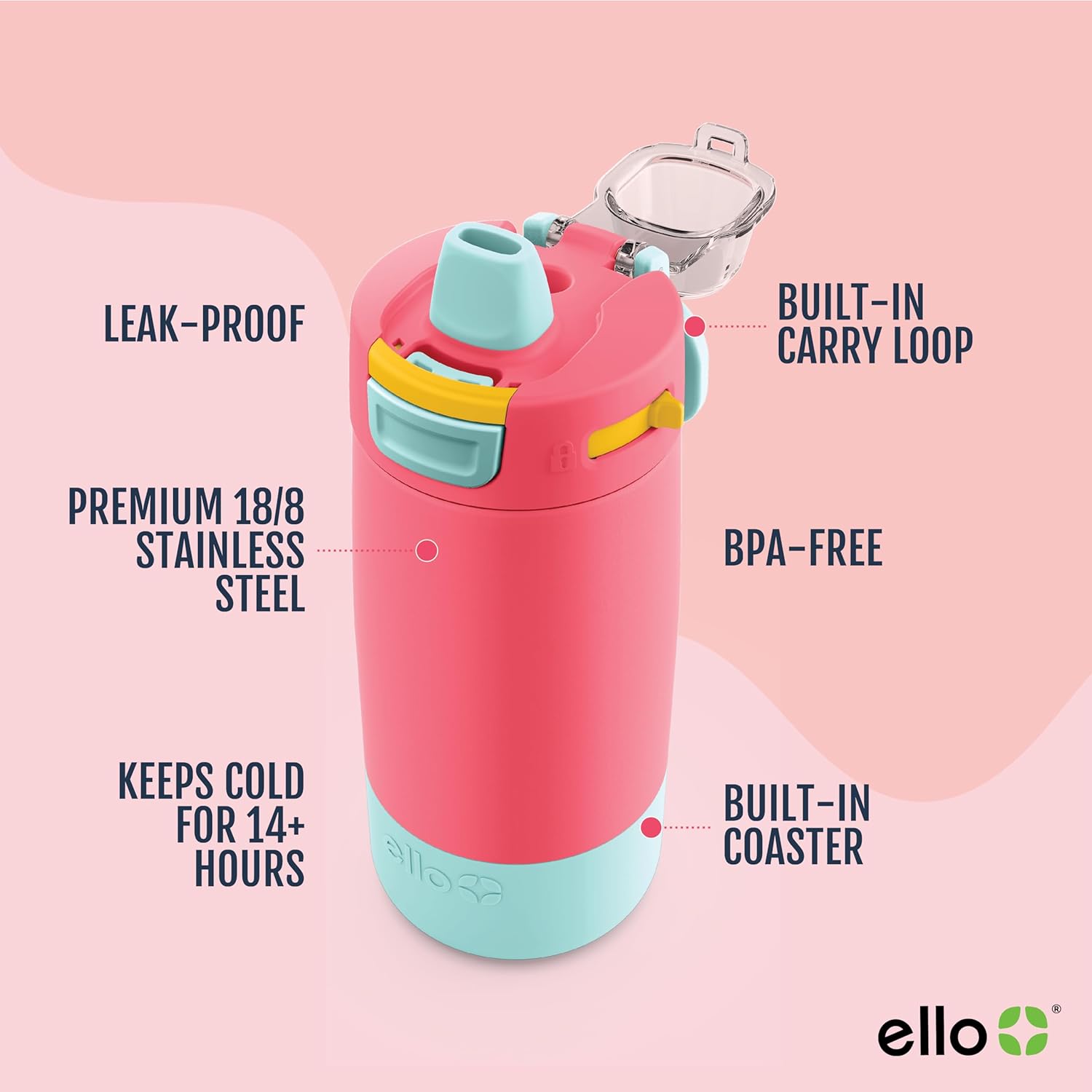 Ello Kids Colby 12oz Stainless Steel Insulated Water Bottle with Straw and Built-In Silicone Coaster Carrying Handle and Leak-Proof Locking Lid for School Backpack, Lunchbox, and Outdoor Sports - Image 3