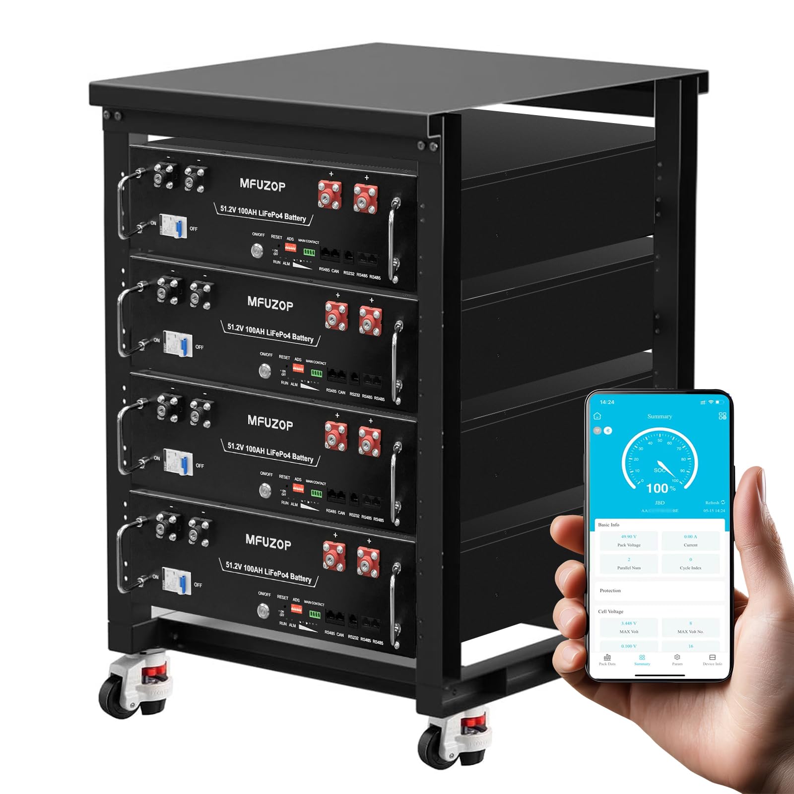 Batería de Litio LiFePO4 48V 100Ah 20,48 kWh, batería Rack Servidor 3U, BMS 100A Integrado, Bluetooth&App, 15000+ Ciclos, para Energía Solar, RV, Off-Grid, Hogar Sistem (48V 100Ah (4 Pack)