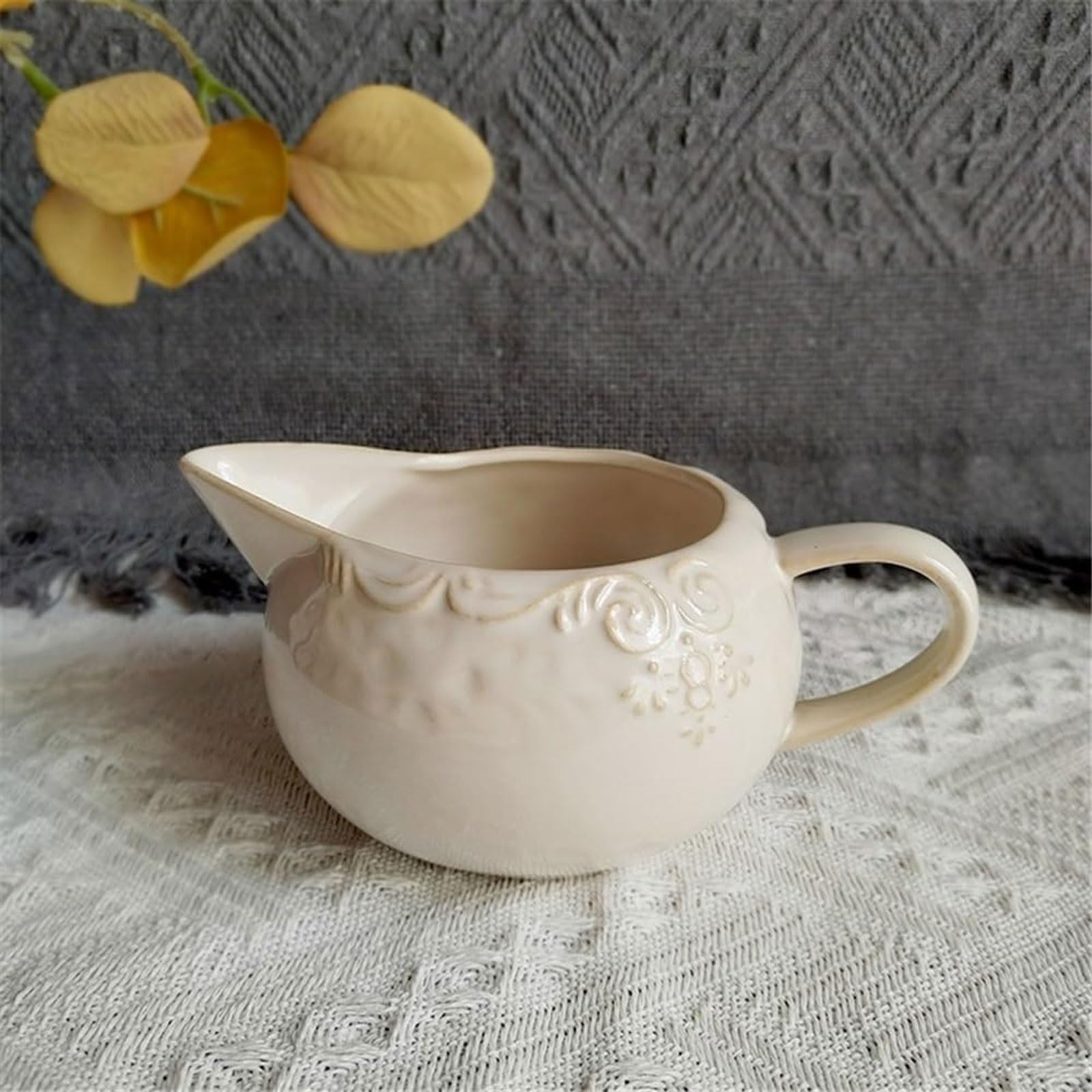 MRKU Pot à Lait, saucière, Tasse à Eau, pichet, crémier, Distributeur de café, sucrier, Pot en céramique rétro européen - 320 ML, Motif Vigne, avec Bec verseur