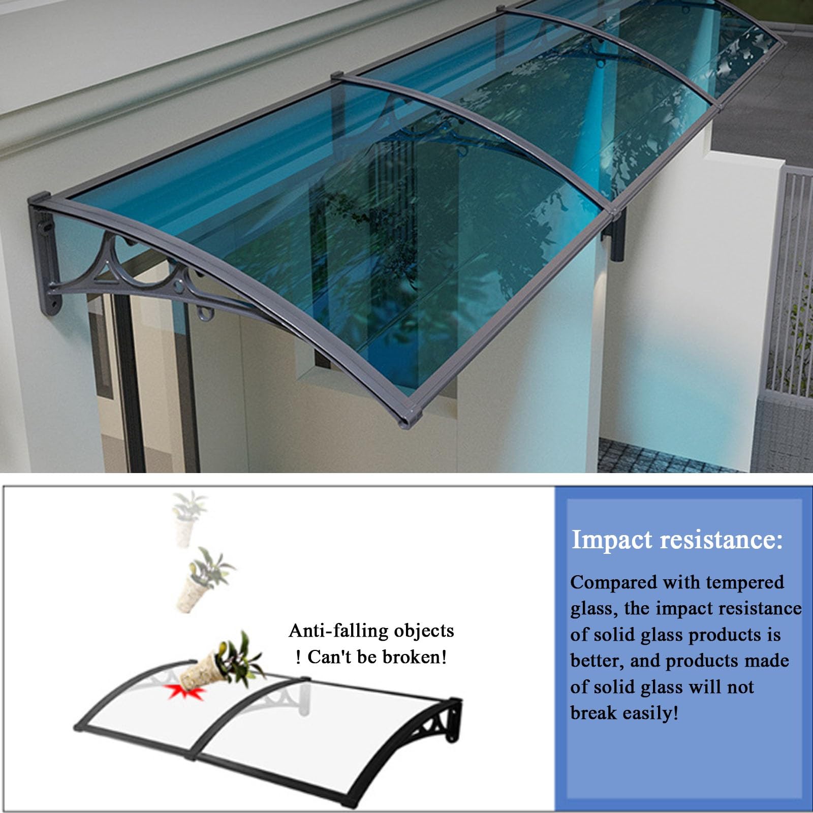 Gebogenes Markisendach for Türfenster, transparentes Vordach for die Vordertür, Markisendach for Terrassentürfenster, Markisendach for Fenstertüren, for Veranda, Dach(120cm/47in*300cm/118in)