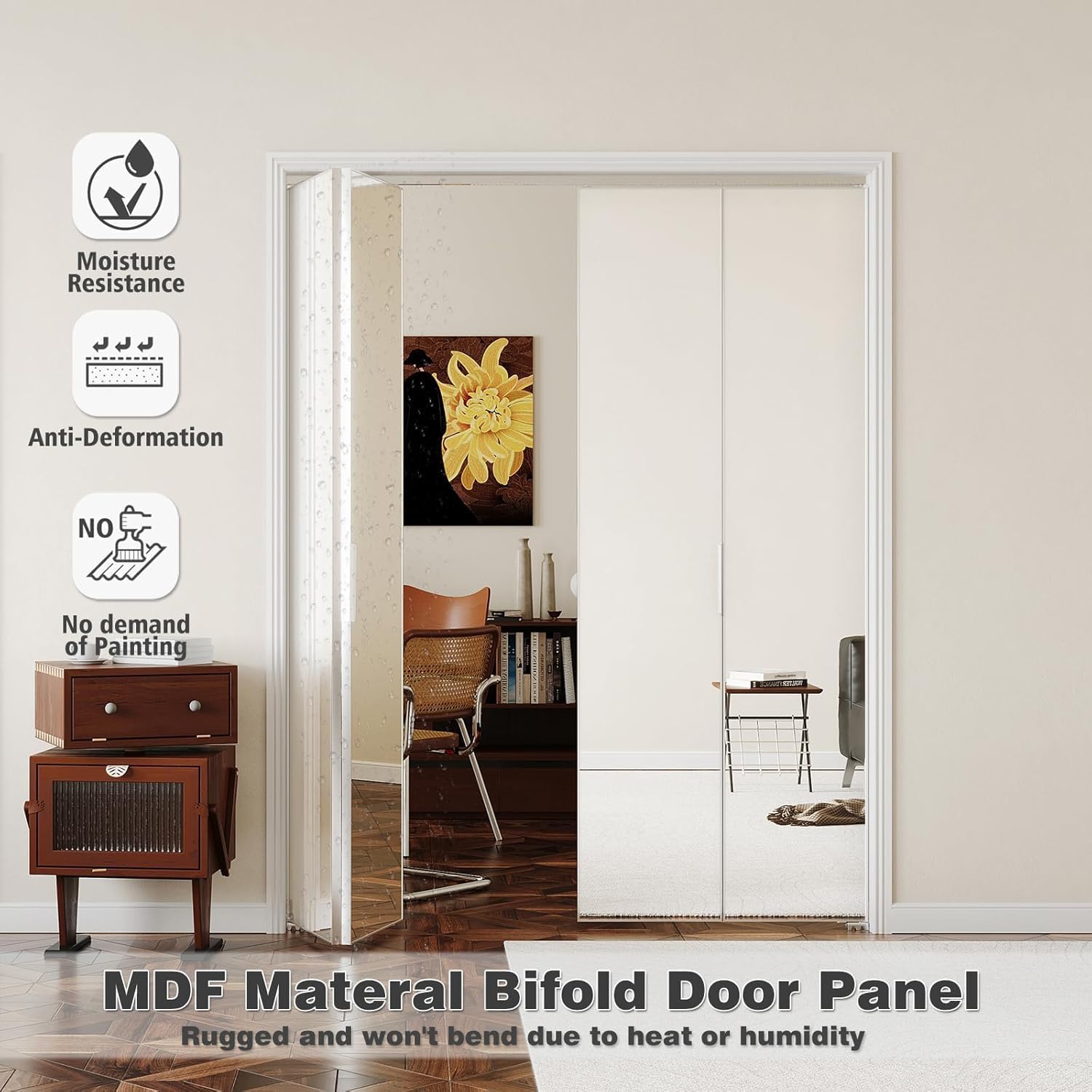 Bifold Door for 24"x80" Opening, Preassembled Aluminum Alloy Mirrored Folding Door with Hardware Kit Included, Interior Bi fold Barn Door for Bedroom & Closet, White